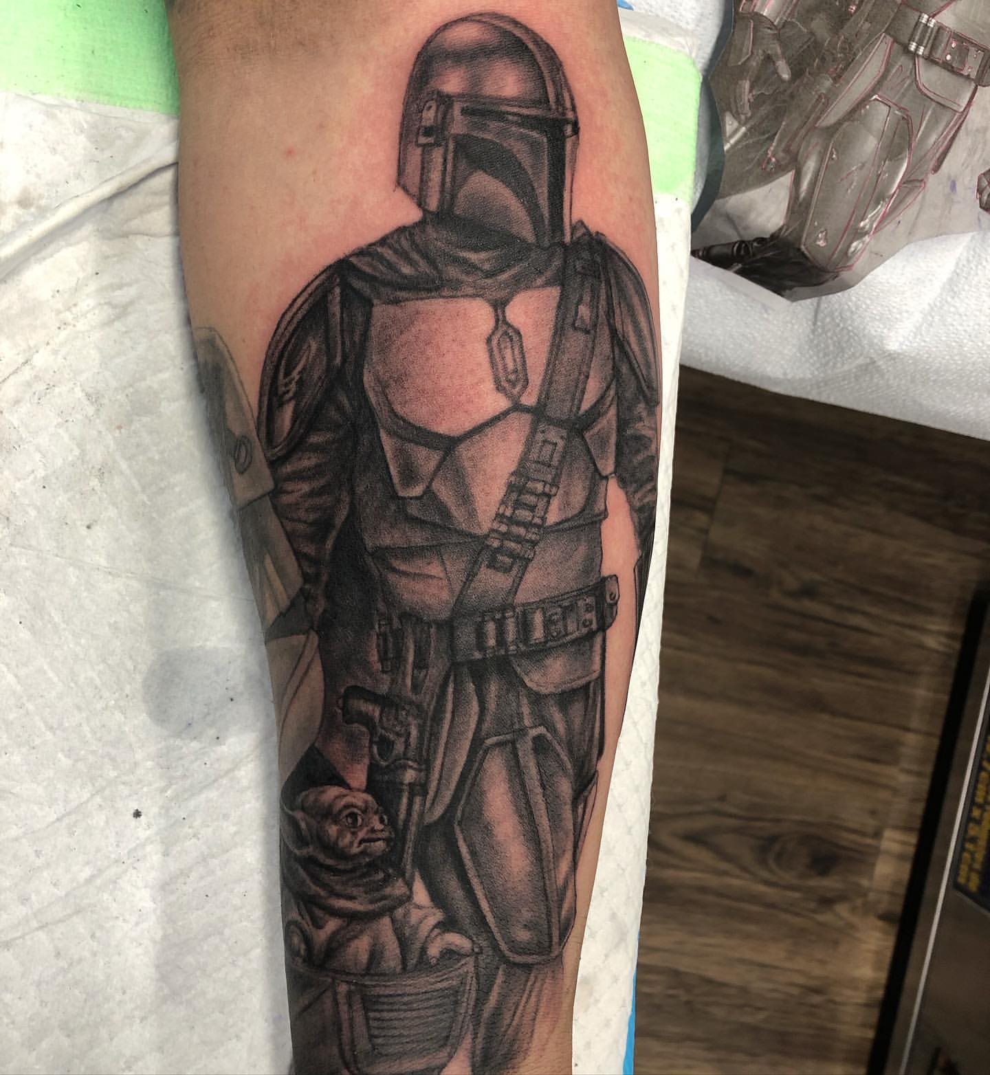 Mandalorian and Baby Yoda Tattoo by Steve Hayes at Black Gold Tattoo Co in Edmonton Alberta Canada