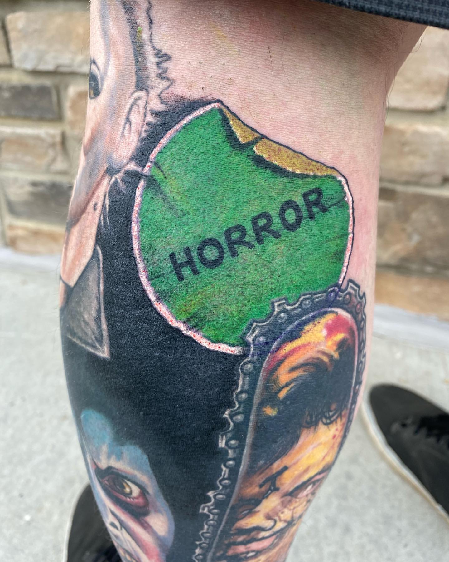 Horror Sticker Tattoo by Chris Labrenz at Black Gold Tattoo Co in Edmonton Alberta Canada