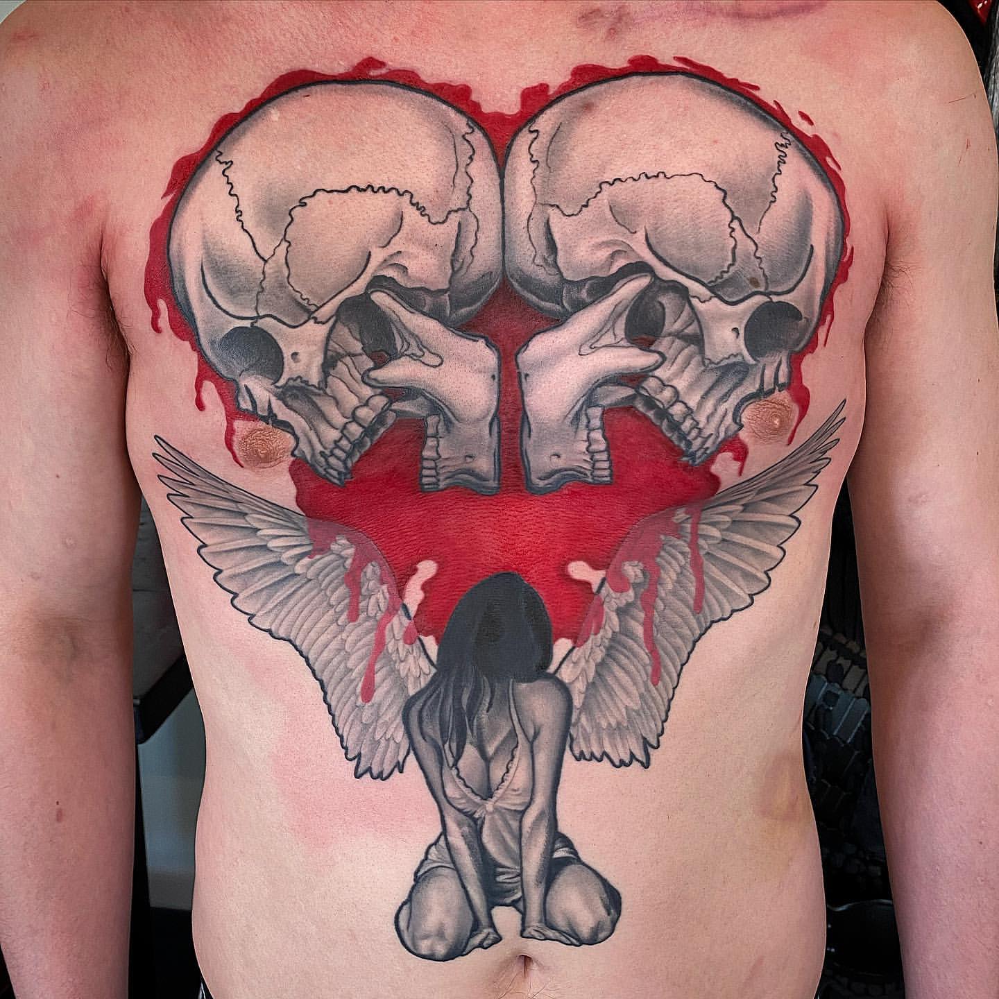 Skulls and Angel Tattoo by Dale Moostoos at Crimson Empire Tattoo in Edmonton Alberta Canada