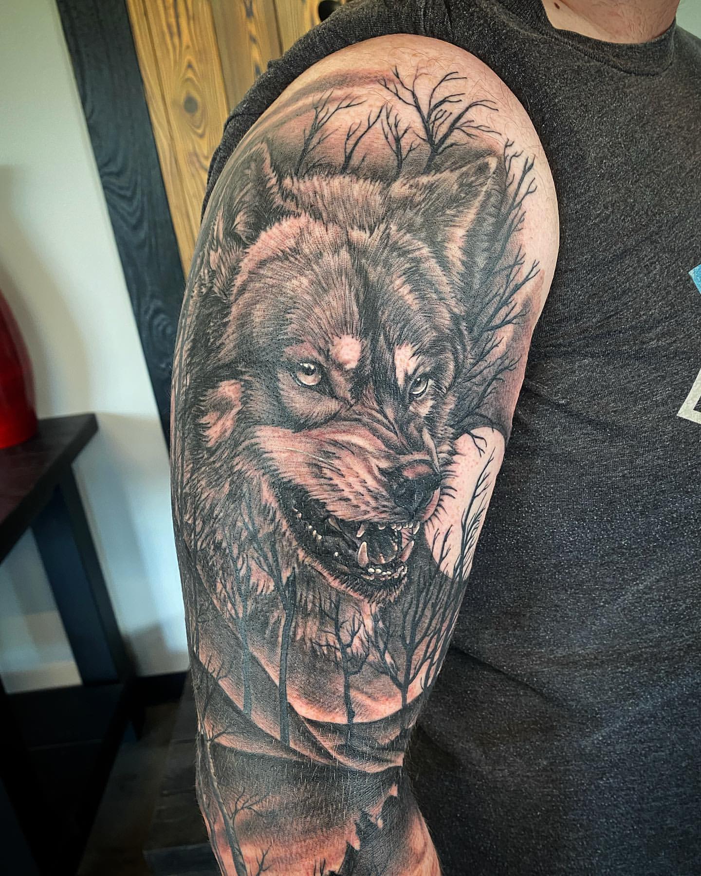Wolf Tattoo by Dale Moostoos at Crimson Empire Tattoo in Edmonton Alberta Canada