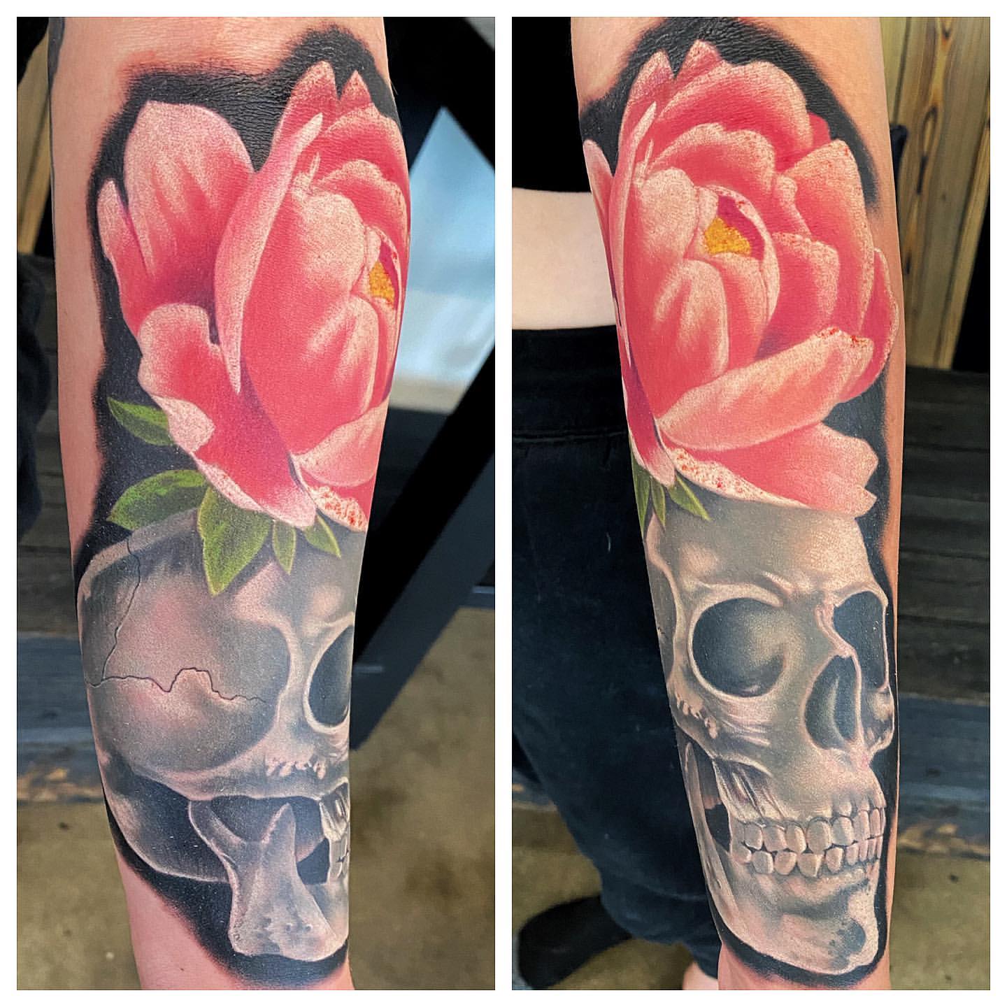Skull and Floral Tattoo by Chad Lavers at Crimson Empire Tattoo in Edmonton Alberta Canada