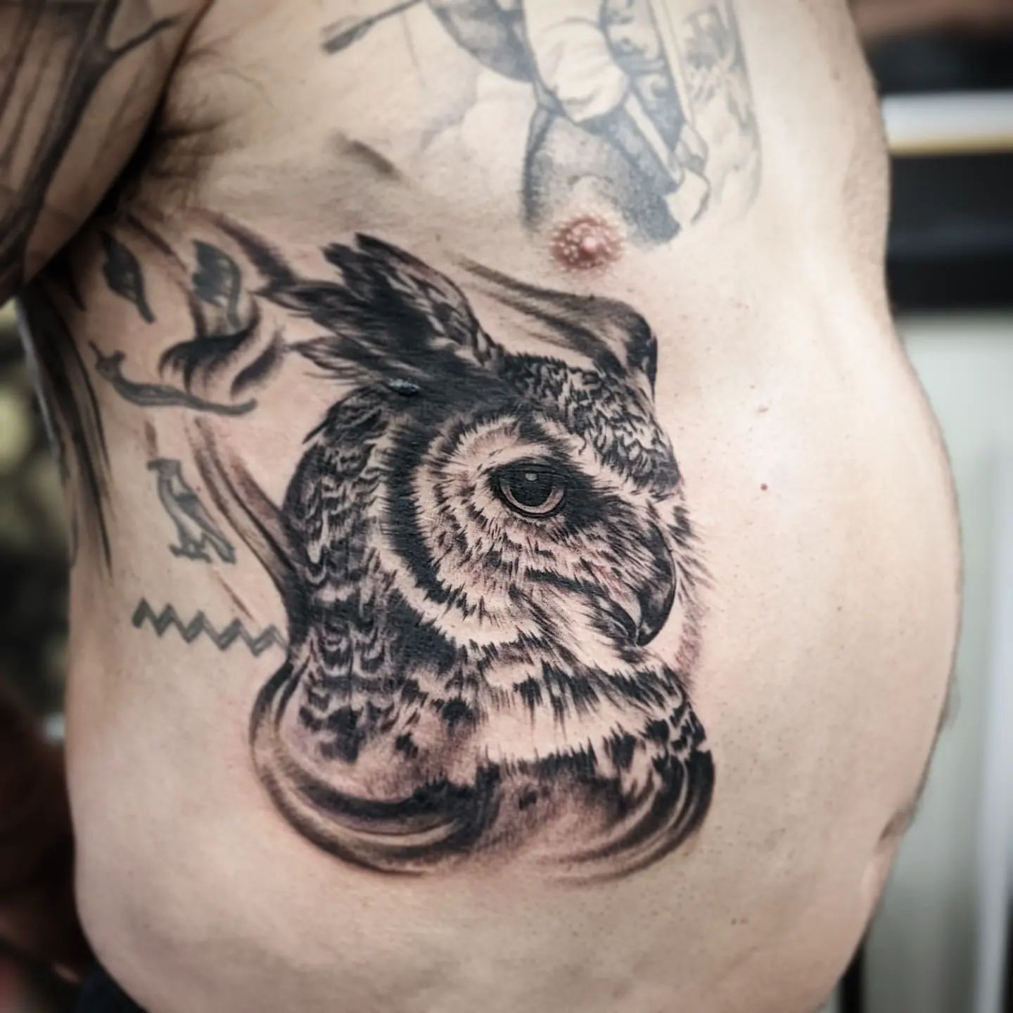 Owl Tattoo by Amber Strange at Silver Ghost Tattoo in Edmonton Alberta Canada