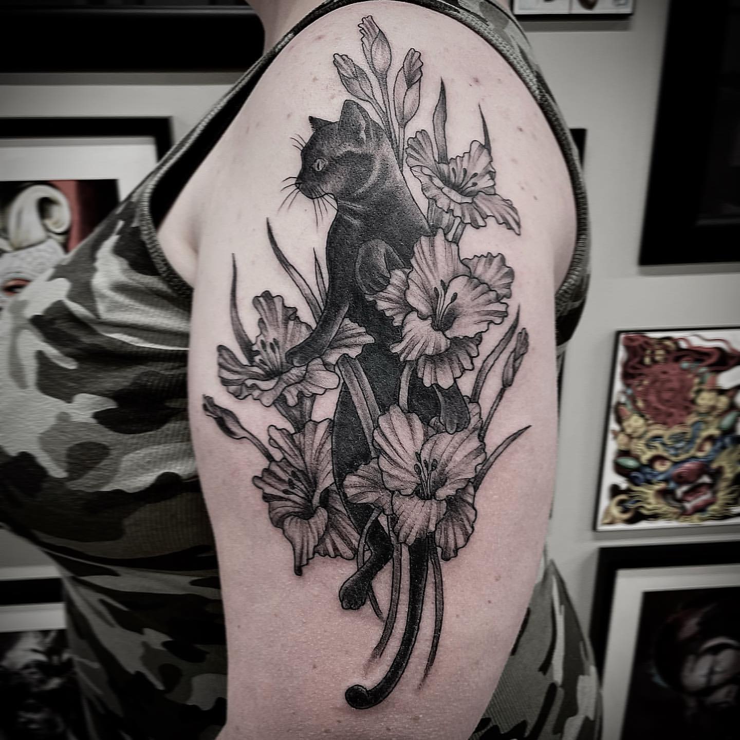 Cat and Floral Tattoo by Jess Alther at Black Gold Tattoo Co in Edmonton Alberta Canada