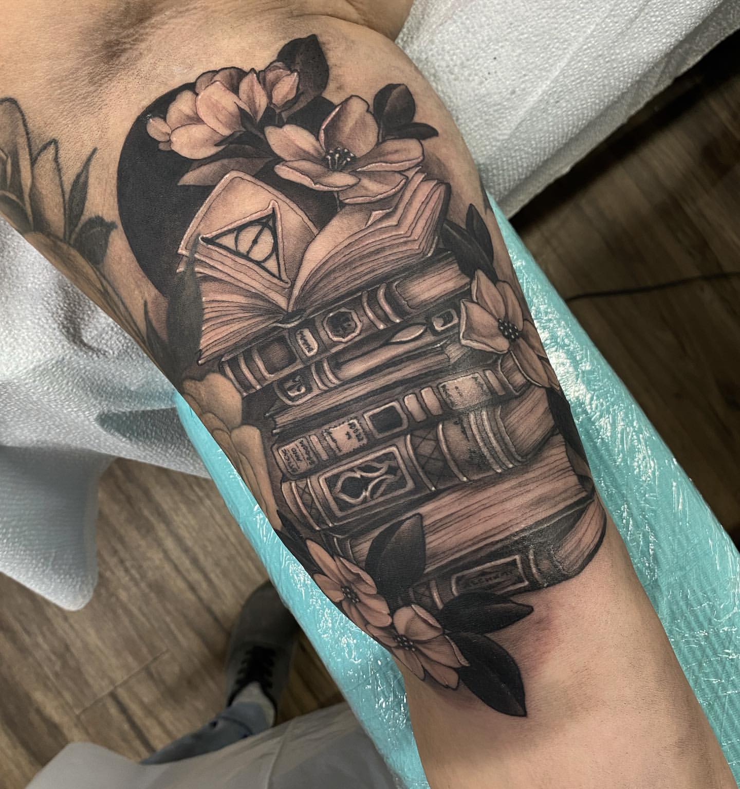 Harry Potter Spellbooks Tattoo by Sasha Day at Black Gold Tattoo Co in Edmonton Alberta Canada