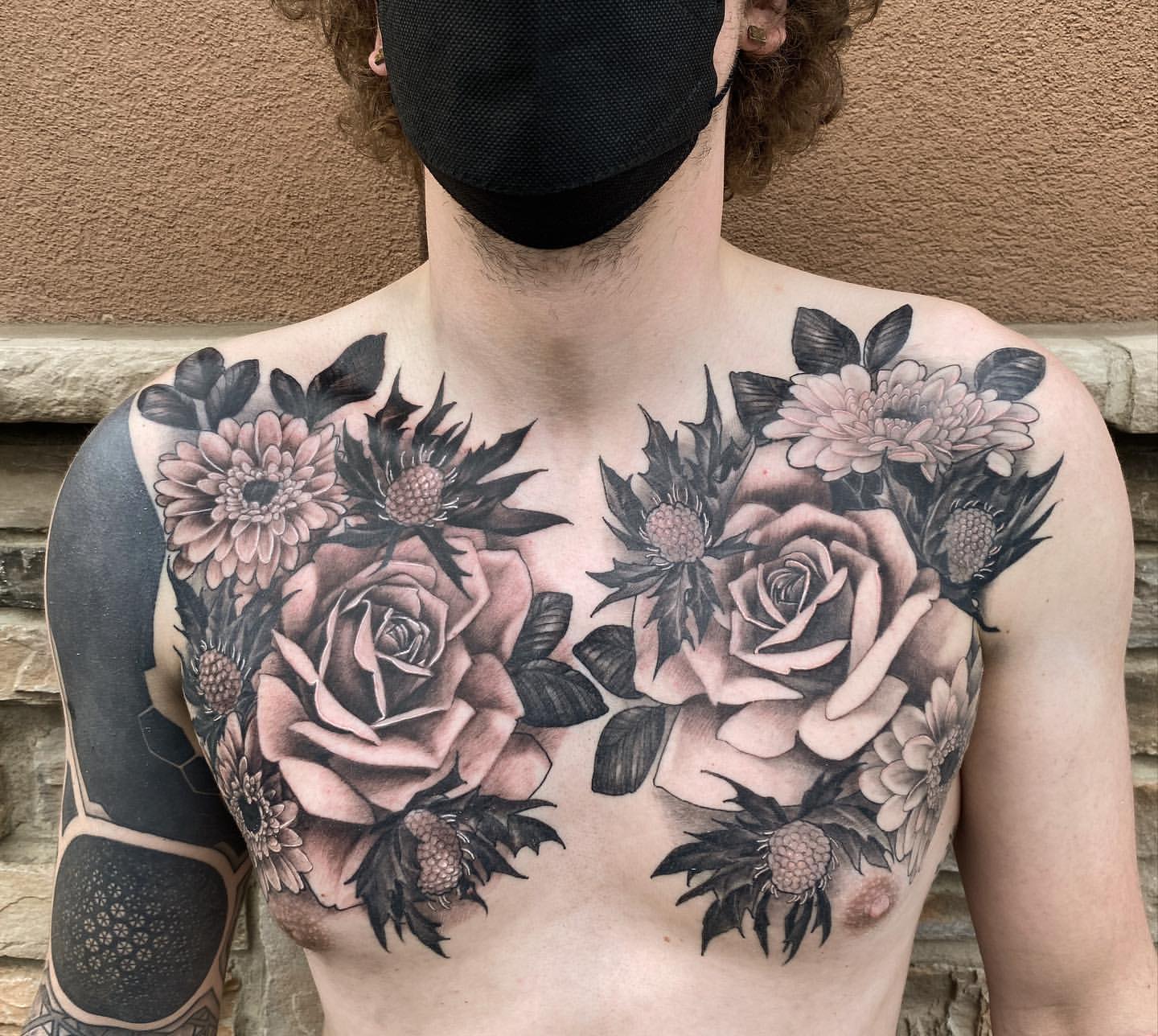 Floral Chest Tattoo by Sasha Day at Black Gold Tattoo Co in Edmonton Alberta Canada