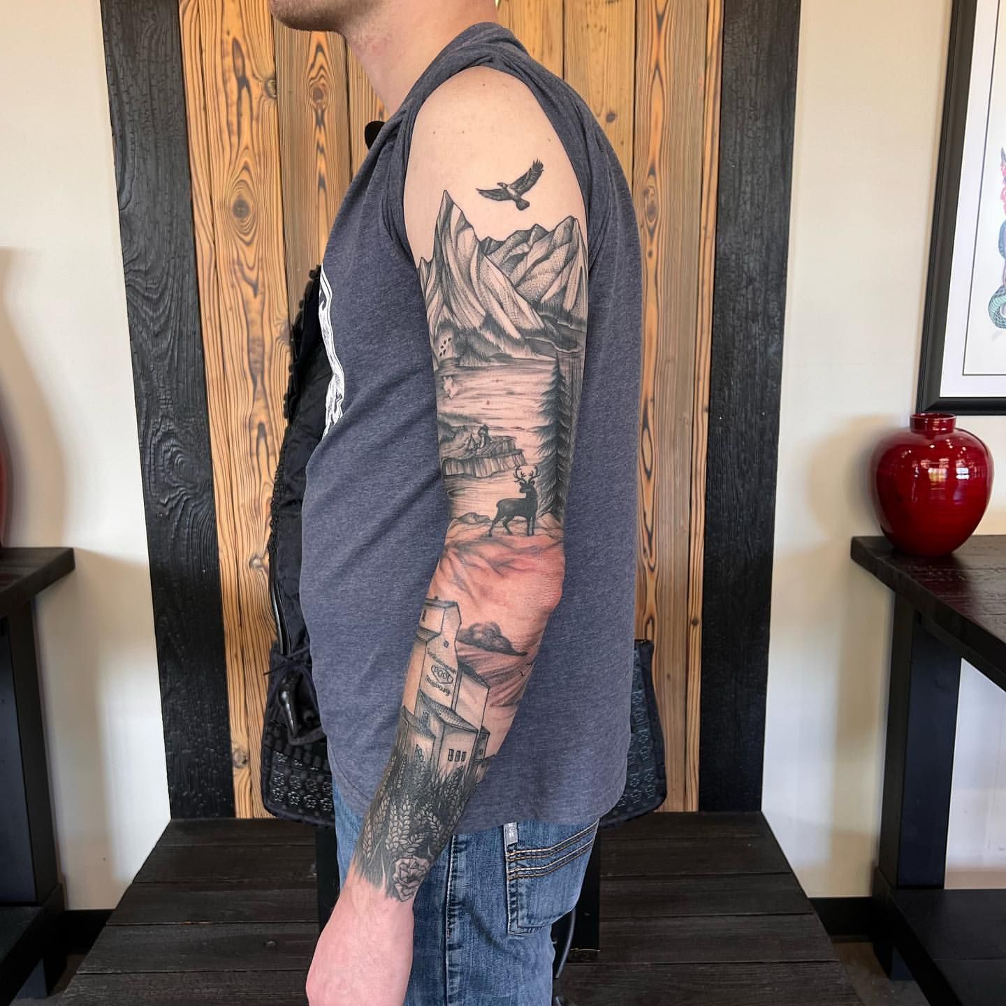 Prairie and Mountain Landscape Sleeve by Adrienne Alexander at Silver Ghost Tattoo in Edmonton Alberta Canada