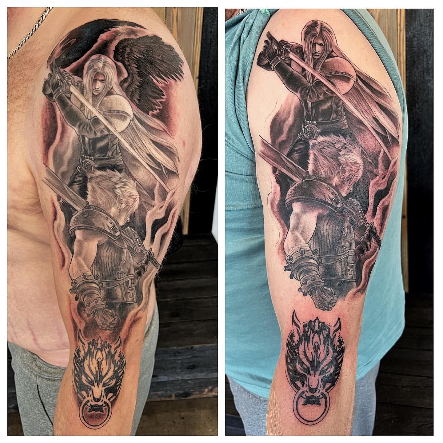 Sephiroth and Cloud (FF7) Tattoo by Chad Lavers at Crimson Empire Tattoo in Edmonton Alberta Canada