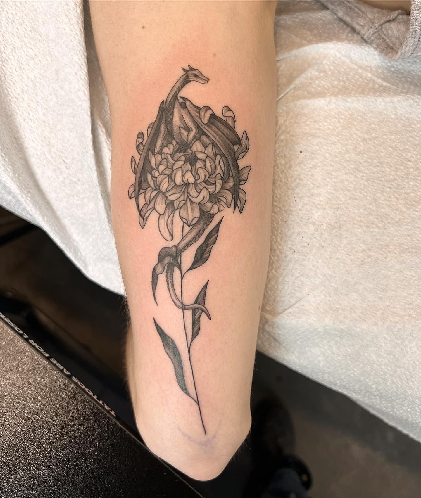 Dragon and Chrysanthemum Tattoo by Adrienne Alexander at Silver Ghost Tattoo in Edmonton Alberta Canada