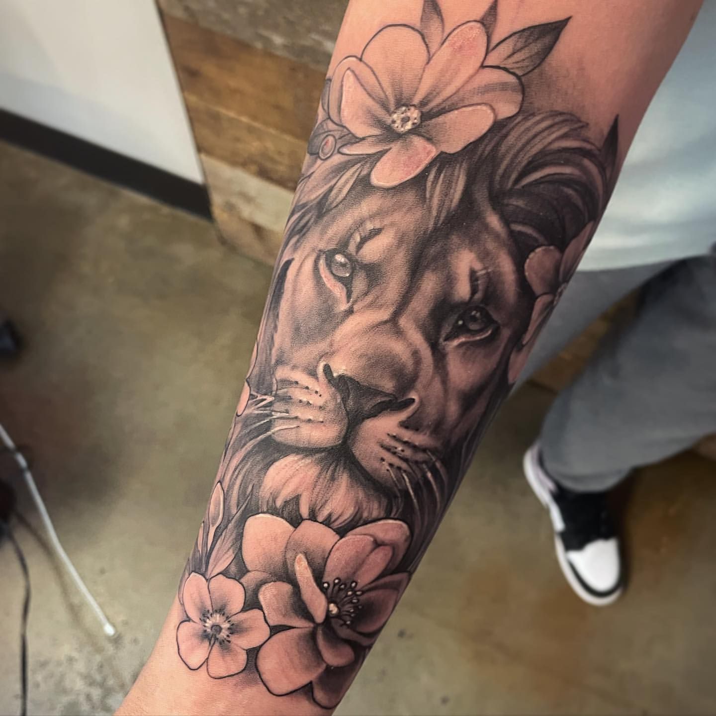 Lion and Floral Tattoo by Sarah Michelle at Crimson Empire Tattoo in Edmonton Alberta Canada