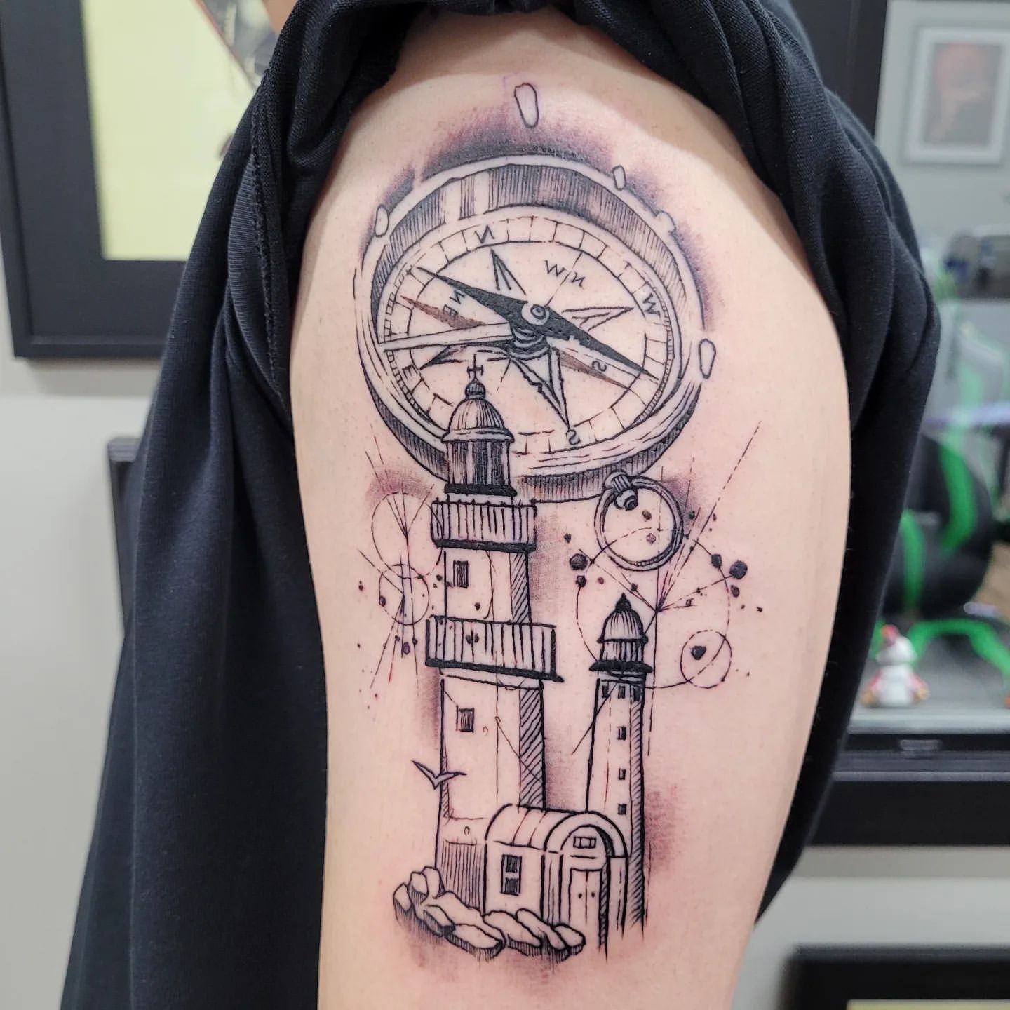Compass and Lighthouse Tattoo by Ian Wang at Black Gold Tattoo Co in Edmonton Alberta Canada