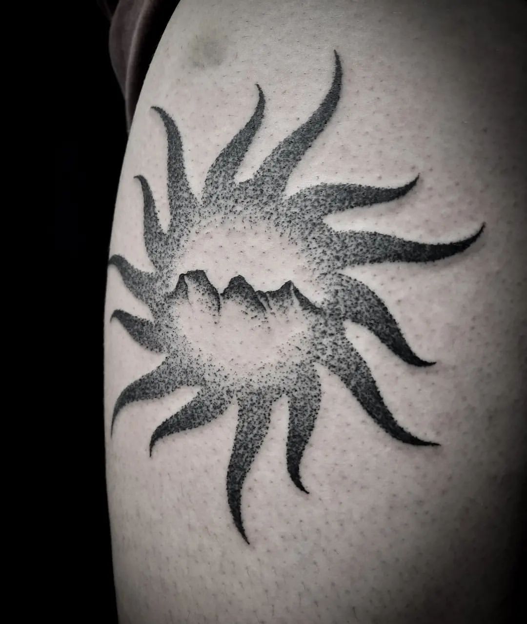 Dotwork Sun and Mountains Tattoo by Alex at Black Gold Tattoo Co in Edmonton Alberta Canada