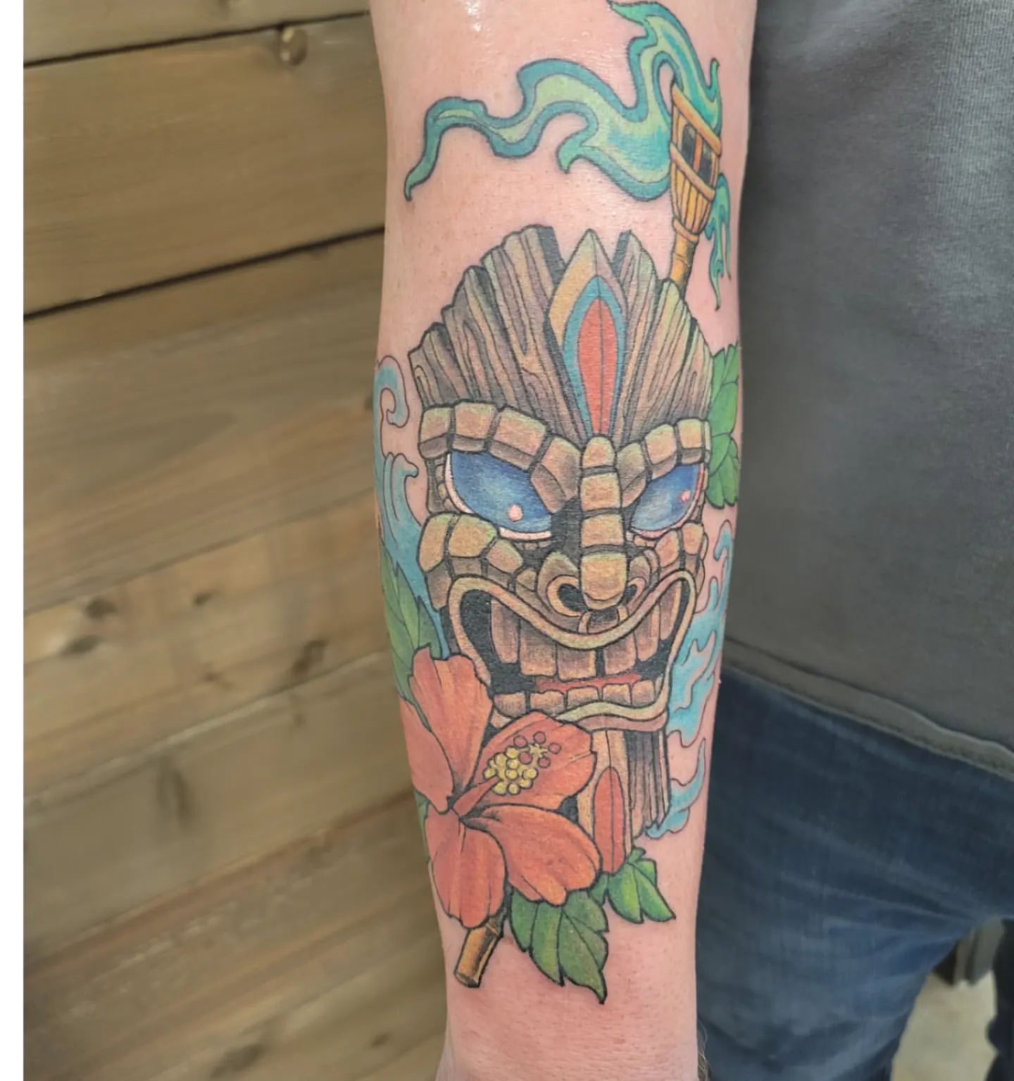 Tiki Mask Tattoo by Sheila Anderson at Crimson Empire Tattoo in Edmonton Alberta Canada
