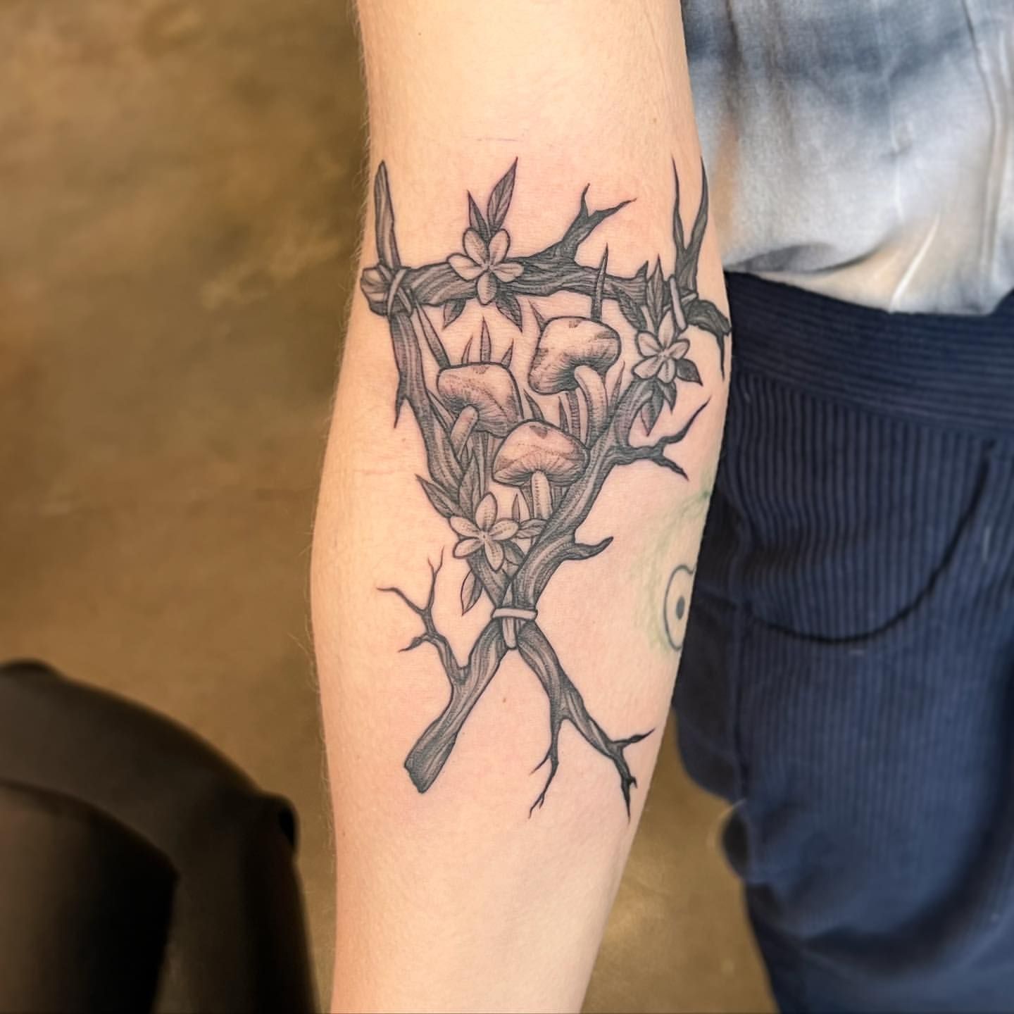 Mushroom and Branches Tattoo by Adrienne Alexander at Silver Ghost Tattoo in Edmonton Alberta Canada