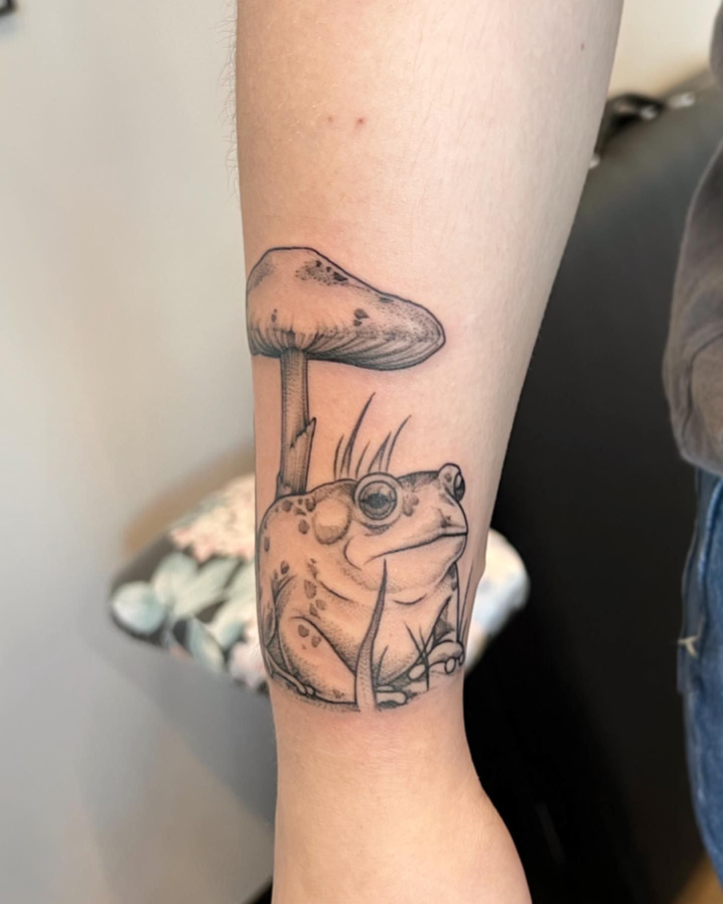 Frog and Mushroom Tattoo by Adrienne Alexander at Silver Ghost Tattoo in Edmonton Alberta Canada