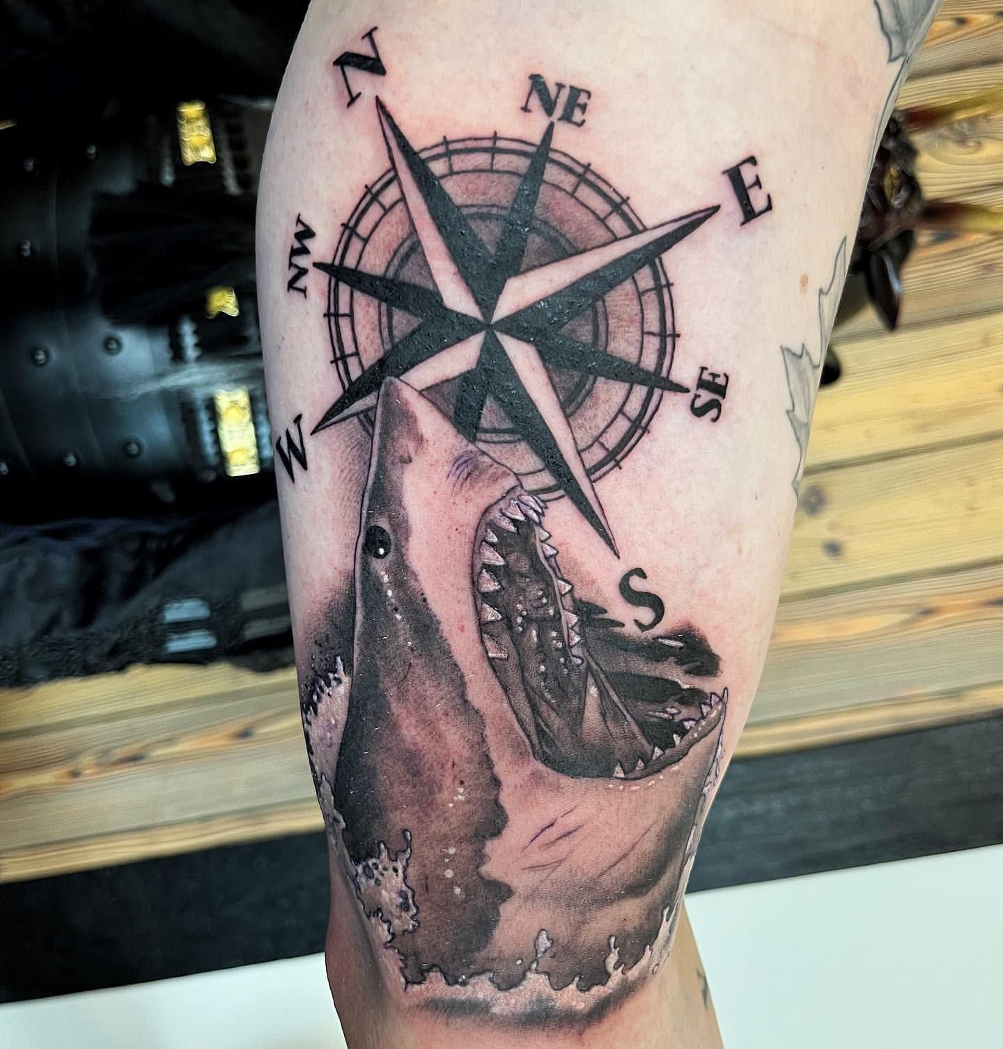 Shark and Compass Tattoo by Chad Lavers at Crimson Empire Tattoo in Edmonton Alberta Canada