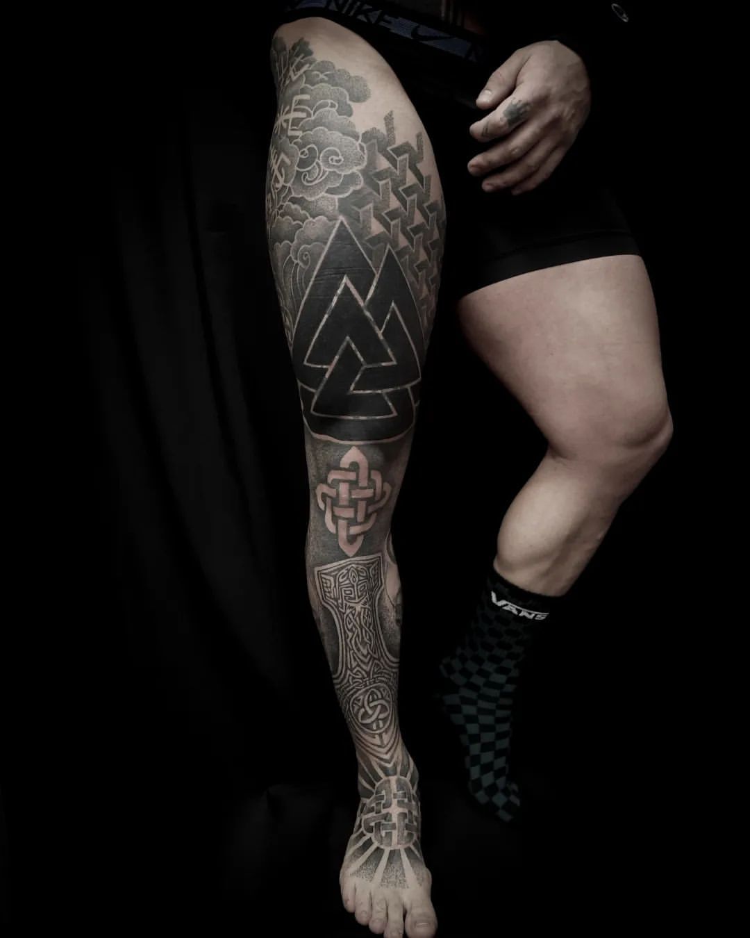 Geometric Leg Sleeve by Alex Arnautov at Black Gold Tattoo Co in Edmonton Alberta Canada