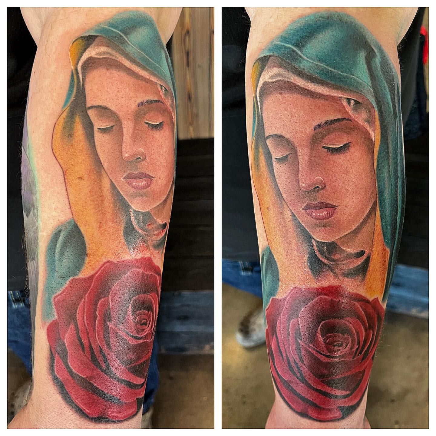 Virgin Mary Tattoo by Chad Lavers at Crimson Empire Tattoo in Edmonton Alberta Canada