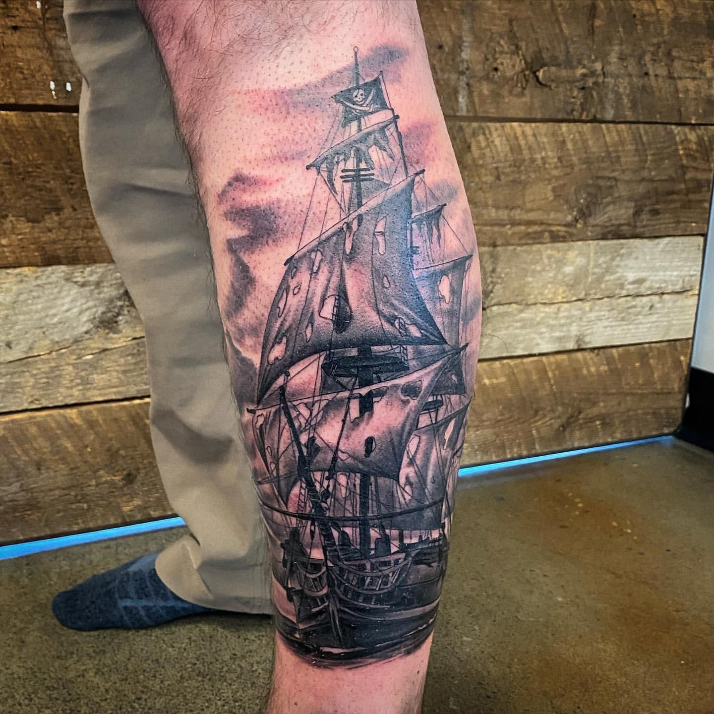 Ship Tattoo by Dale Moostoos at Crimson Empire Tattoo in Edmonton Alberta Canada