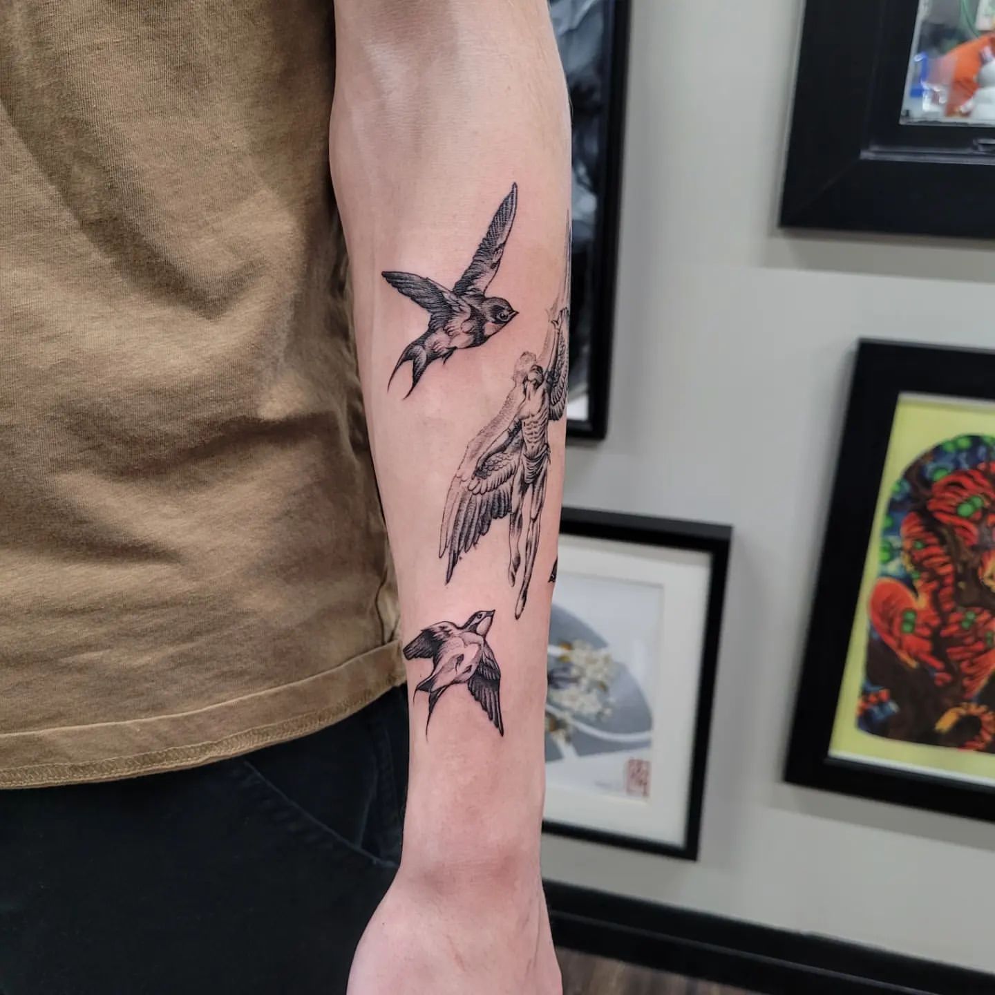 Angel and Birds Tattoo by Ian Wang at Black Gold Tattoo Co in Edmonton Alberta Canada
