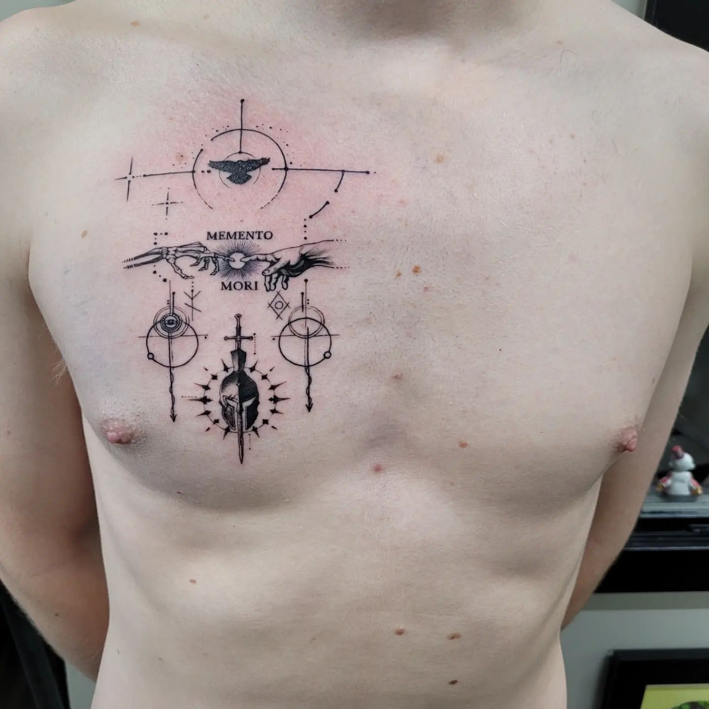 Fine Line Warrior Tattoo by Ian Wang at Black Gold Tattoo Co in Edmonton Alberta Canada