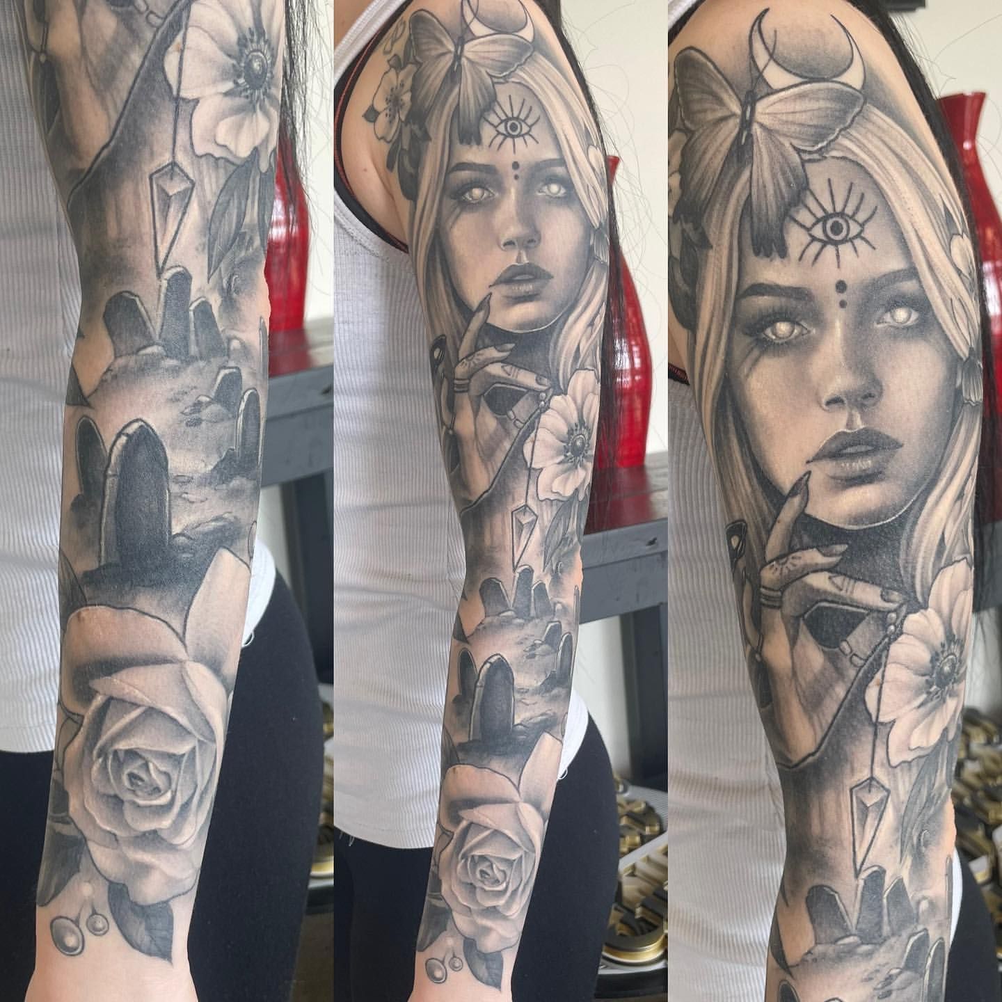 Witch and Graveyard Sleeve by Sarah Michelle at Crimson Empire Tattoo in Edmonton Alberta Canada