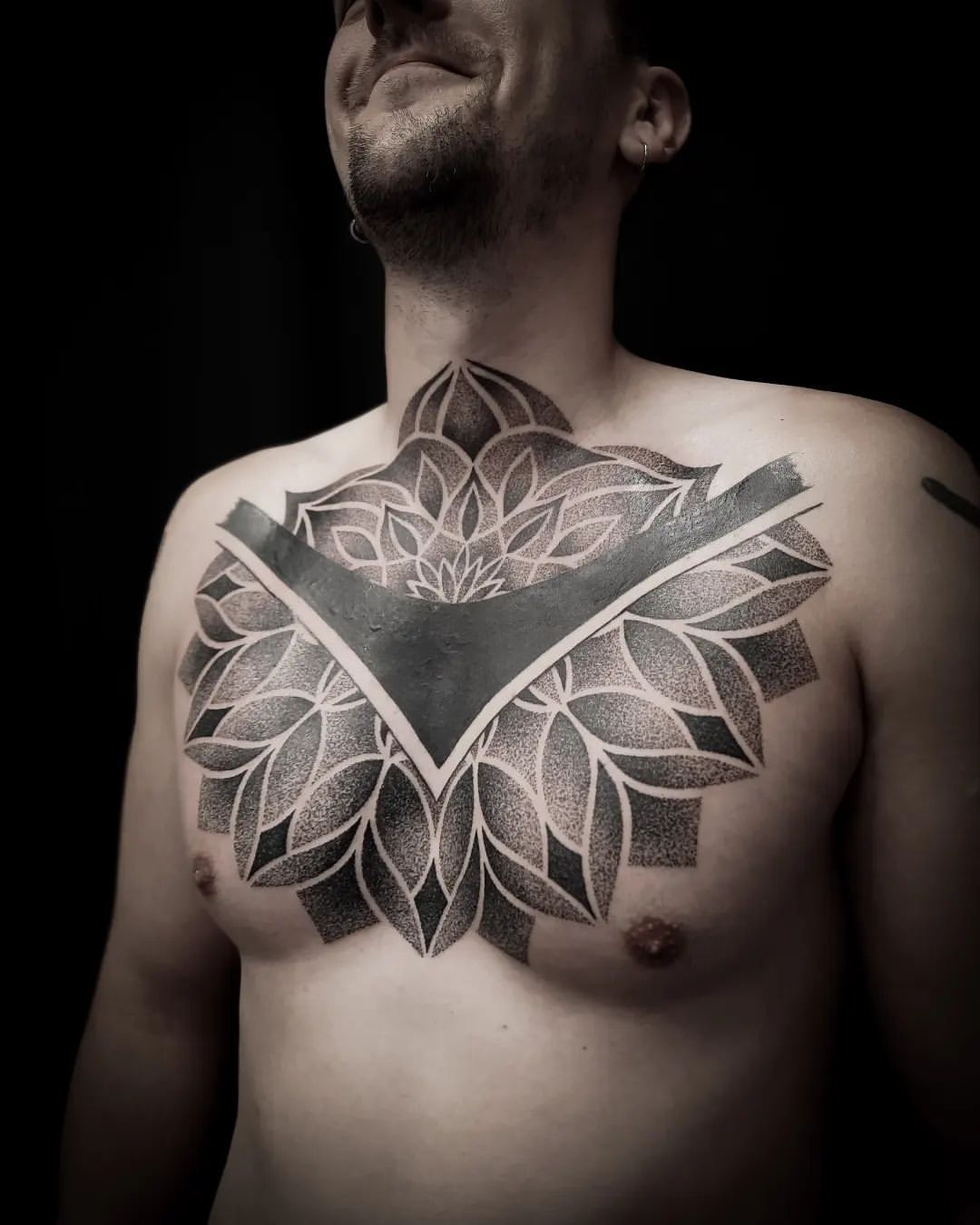 Dotwork Mandala Chest Tattoo by Alex Arnautov at Black Gold Tattoo Co in Edmonton Alberta Canada