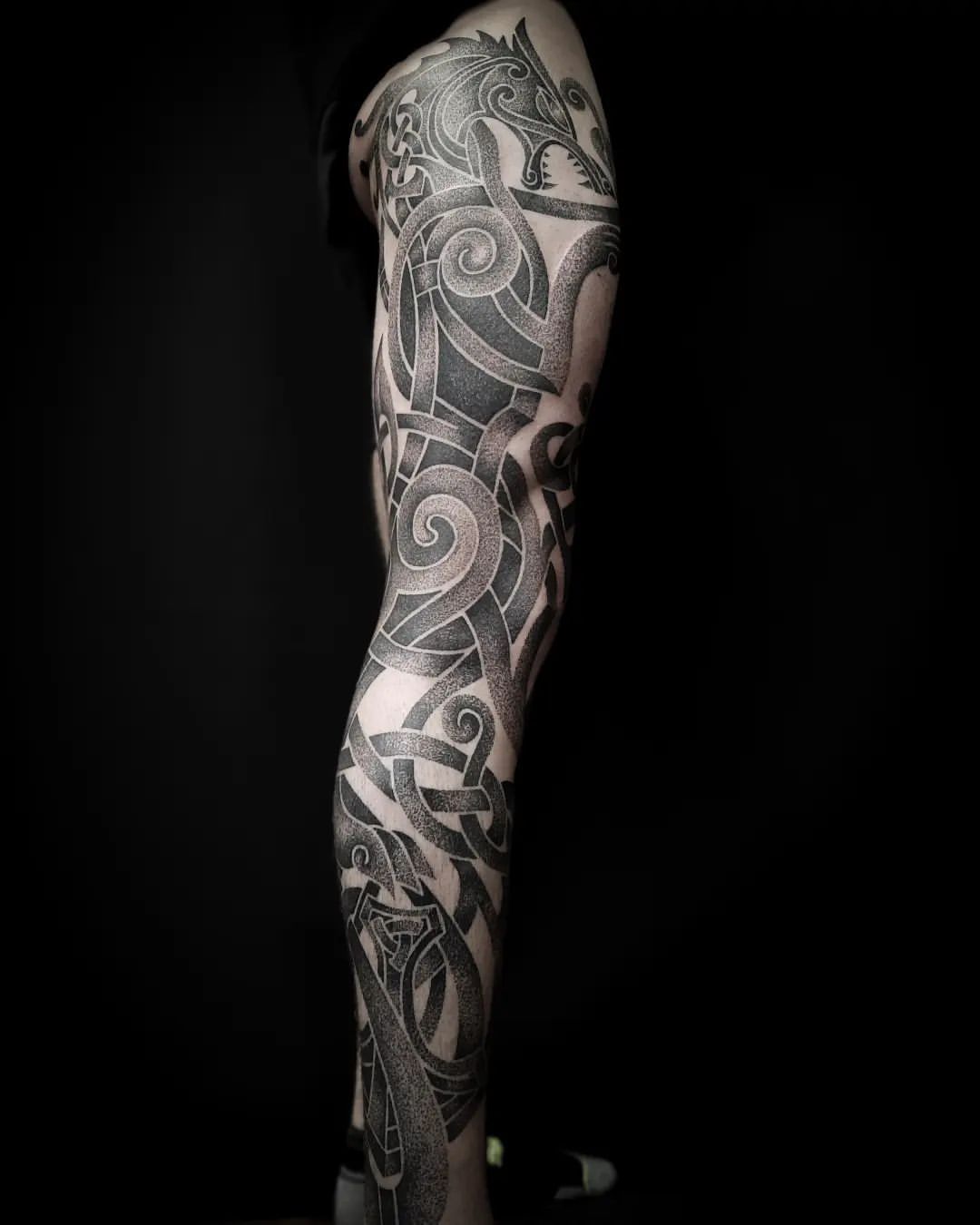 Dotwork Norse Leg Sleeve by Alex Arnautov at Black Gold Tattoo Co in Edmonton Alberta Canada