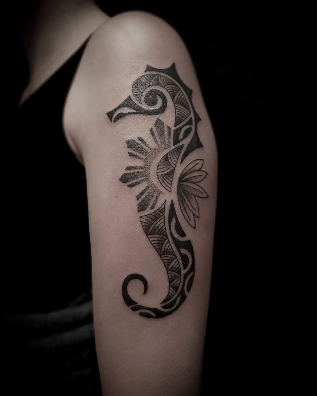 Dotwork Seahorse Tattoo by Alex Arnautov at Black Gold Tattoo Co in Edmonton Alberta Canada