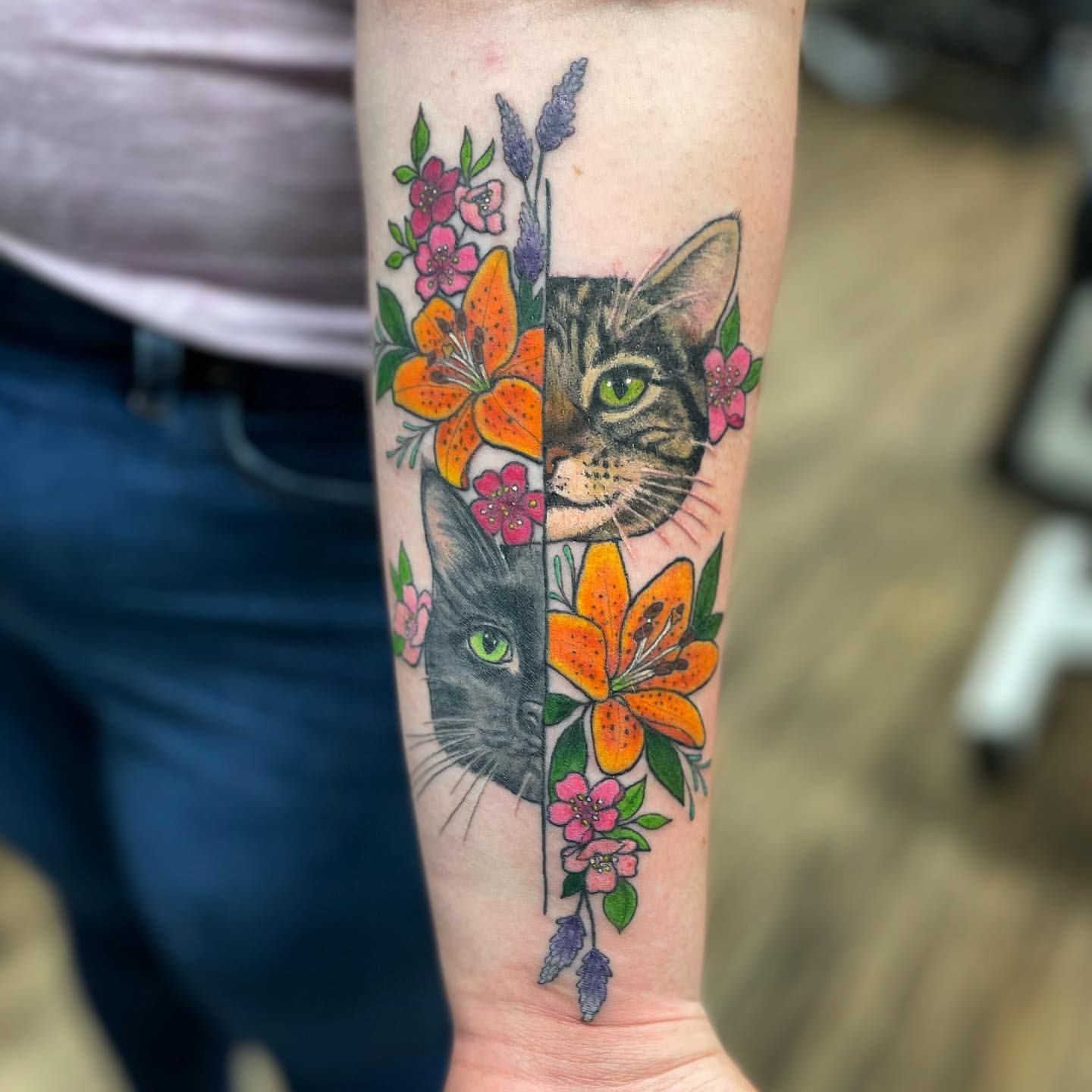 Cat Portraits and Floral Tattoo by Jess Alther at Black Gold Tattoo Co in Edmonton Alberta Canada