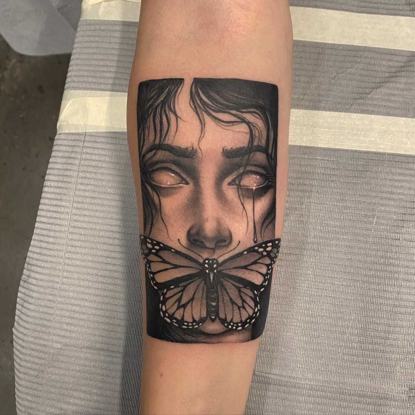 Butterfly and Lady Tattoo by Sasha Day at Crimson Empire Tattoo in Edmonton Alberta Canada