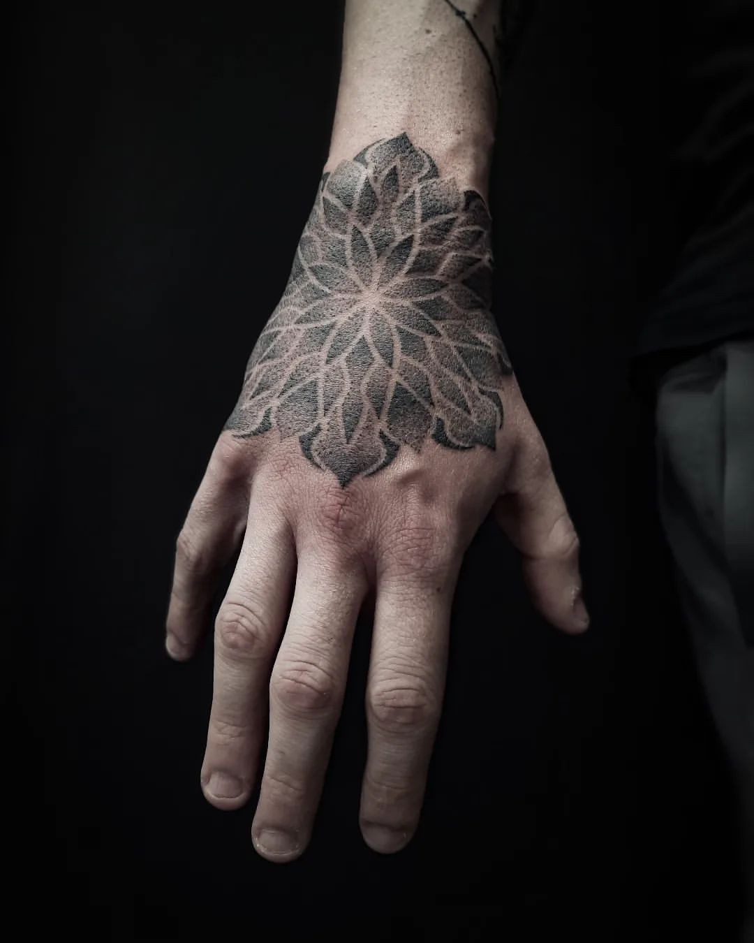 Dotwork Mandala Hand Tattoo by Alex Arnautov at Black Gold Tattoo Co in Edmonton Alberta Canada