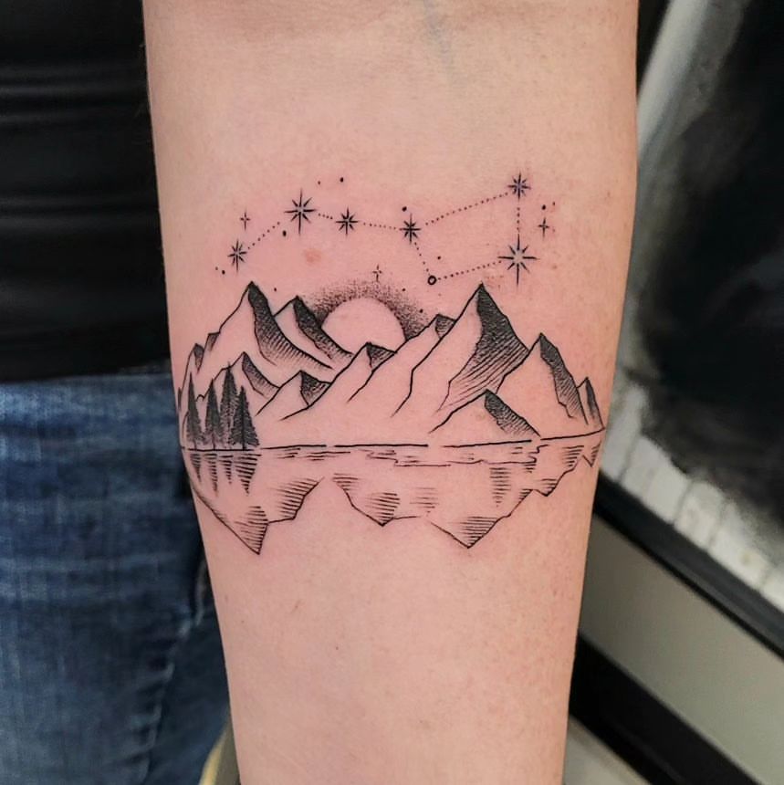 Mountain and Constellation Tattoo by Ian Wang at Black Gold Tattoo Co in Edmonton Alberta Canada