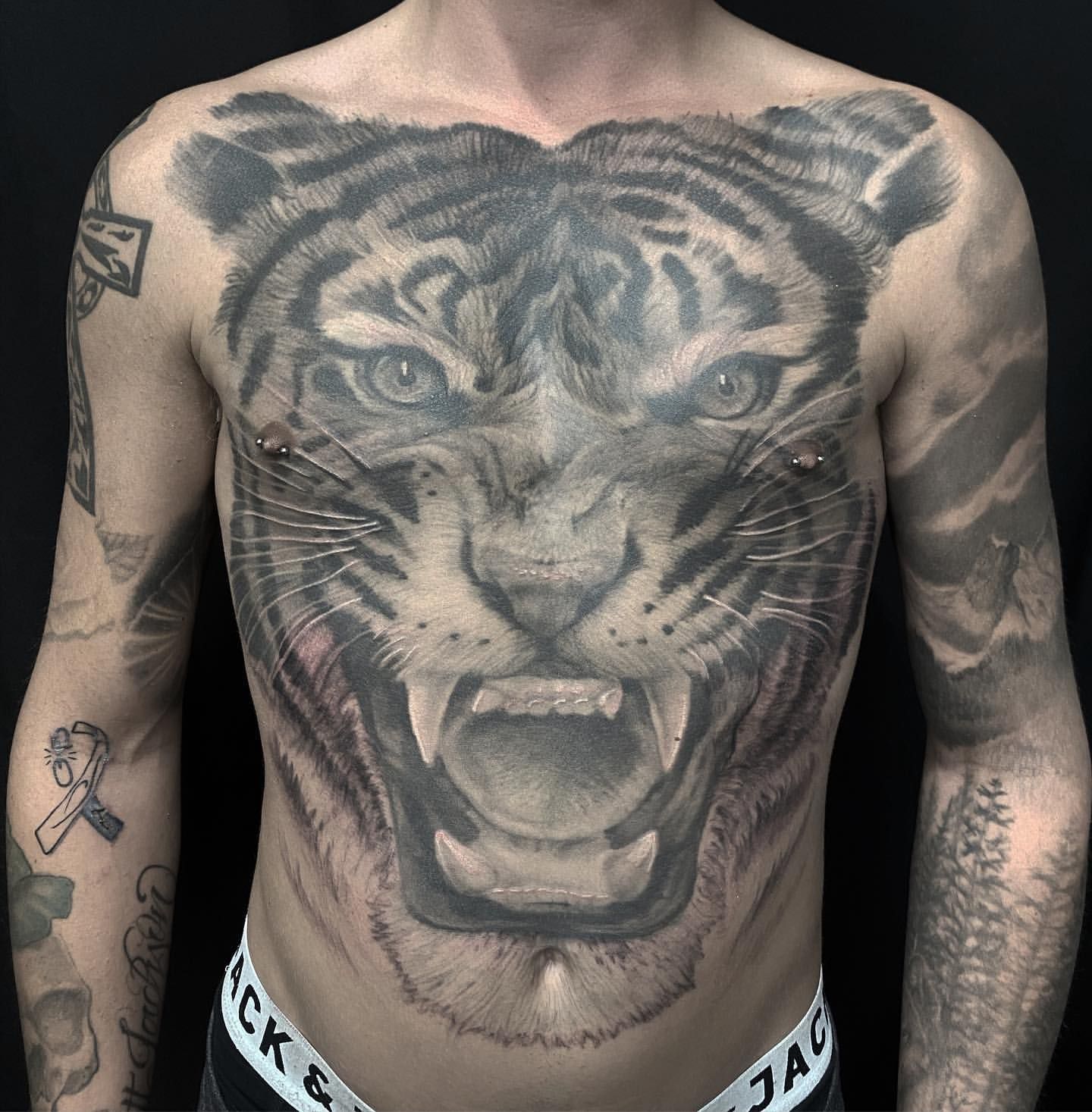 Tiger Chest Tattoo by Steve Hayes at Black Gold Tattoo Co in Edmonton Alberta Canada