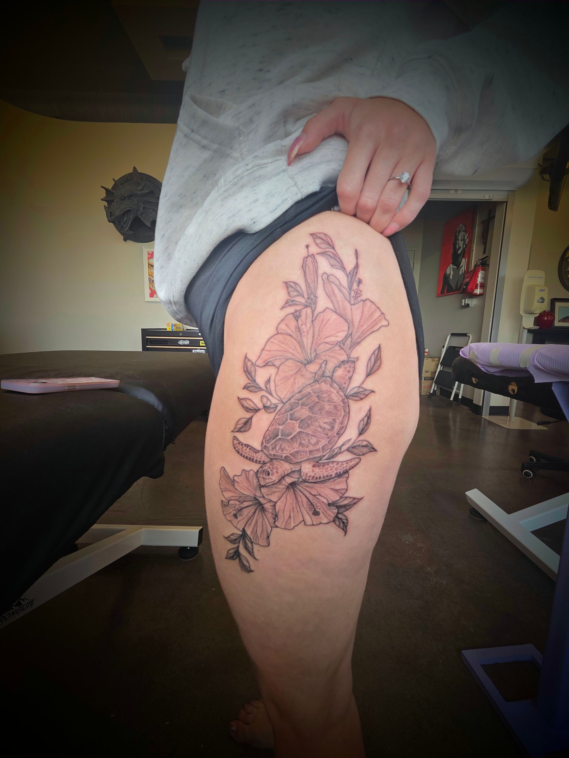Sea Turtle and Floral Tattoo by Samantha Hnatiw at Crimson Empire Tattoo in Edmonton Alberta Canada