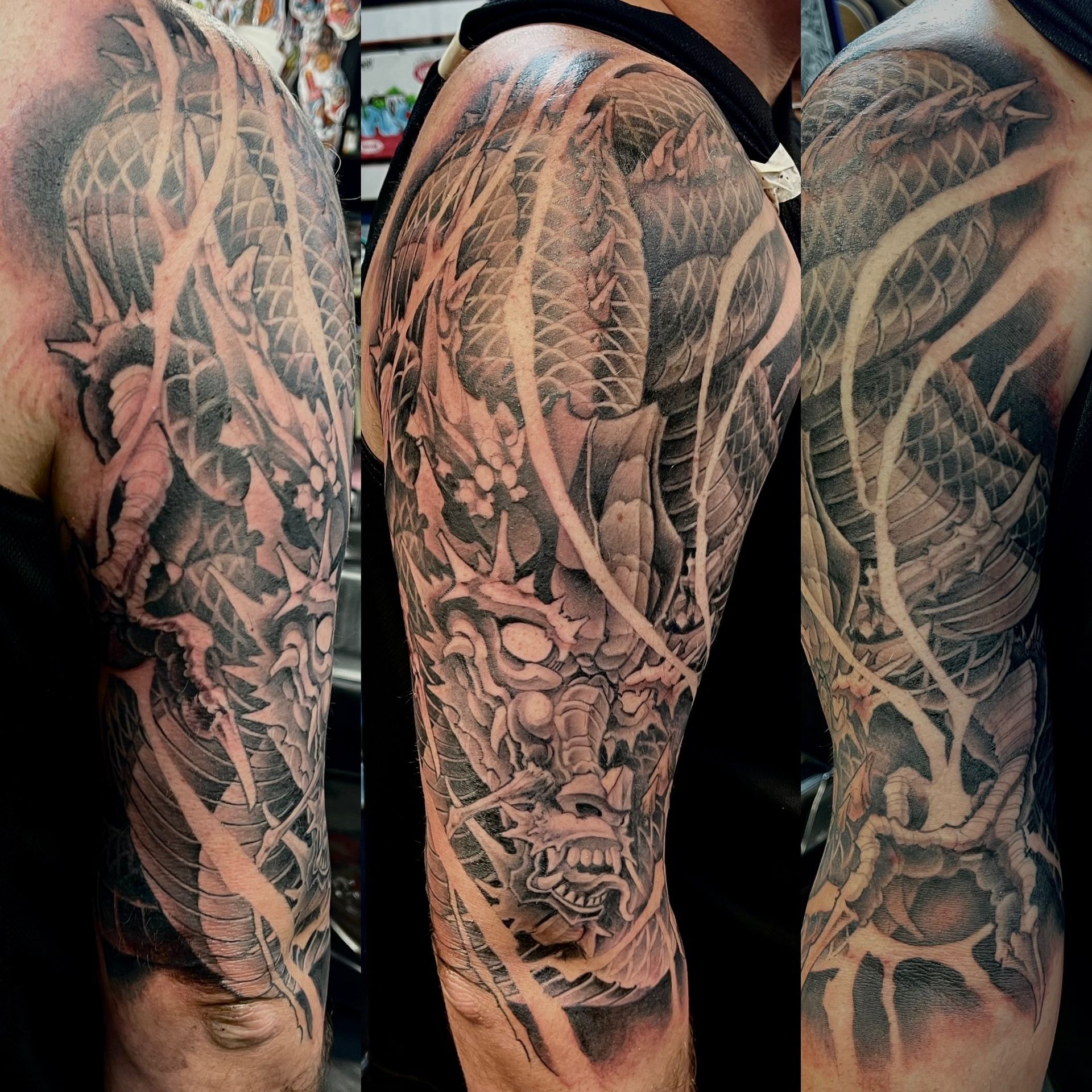 Dragon Sleeve by Brain Dangerfield at Black Gold Tattoo Co in Edmonton Alberta Canada