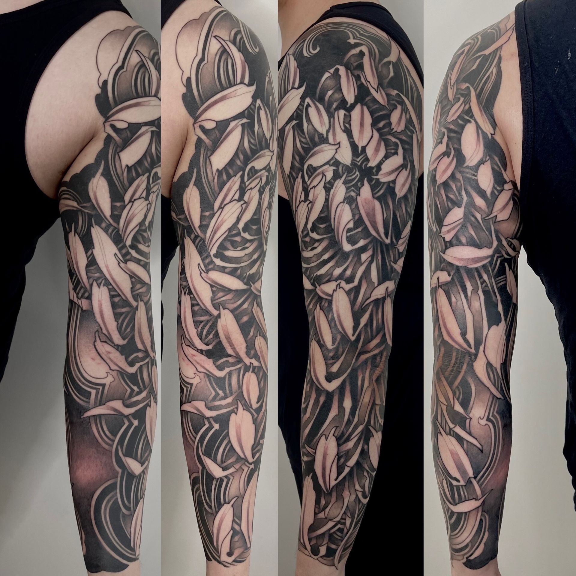 Chrysanthemum Sleeve by Brain Dangerfield at Black Gold Tattoo Co in Edmonton Alberta Canada