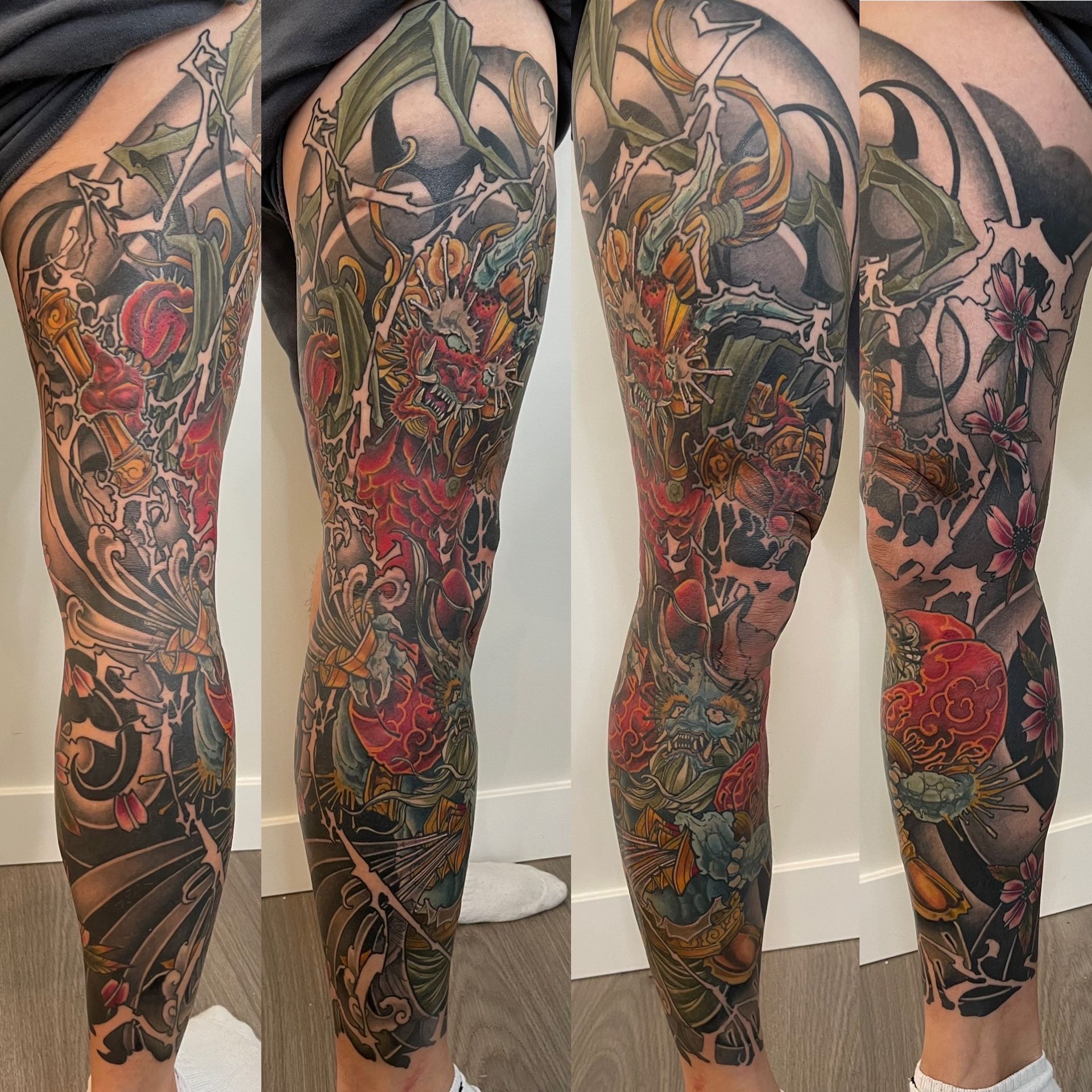 Oni Leg Sleeve by Brain Dangerfield at Black Gold Tattoo Co in Edmonton Alberta Canada