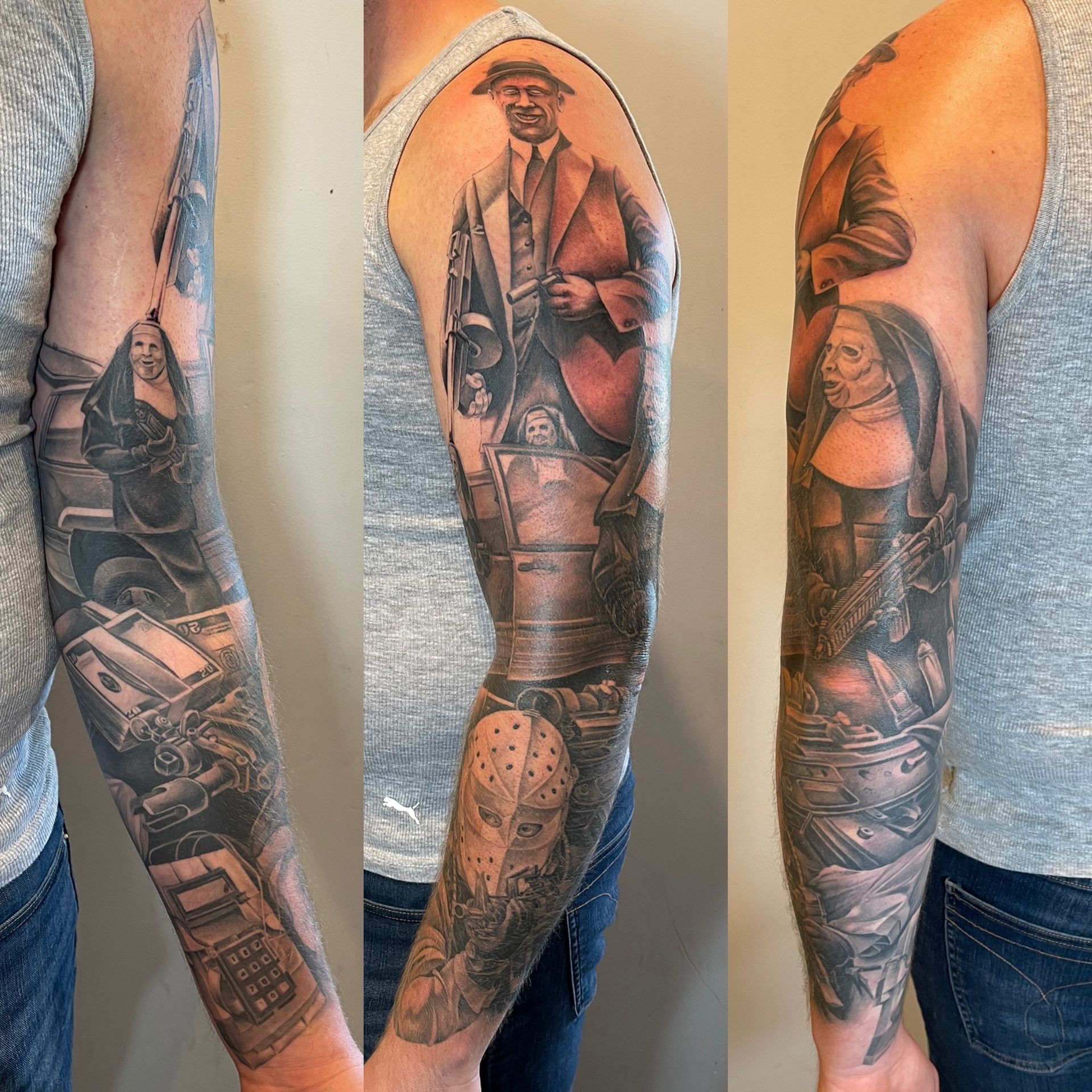 Gangster Sleeve by Brain Dangerfield at Black Gold Tattoo Co in Edmonton Alberta Canada