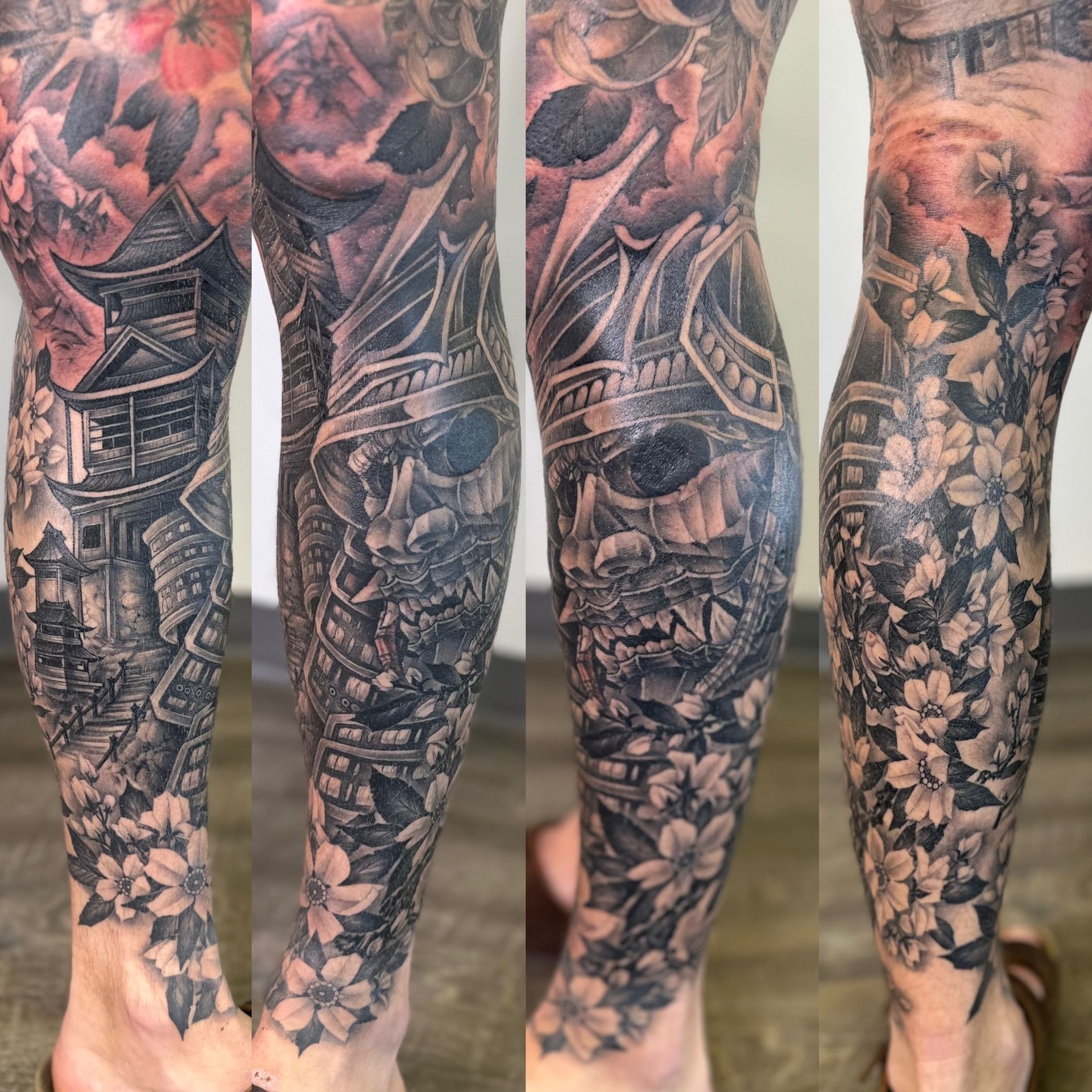 Samurai and Pagoda Leg Sleeve by Brain Dangerfield at Black Gold Tattoo Co in Edmonton Alberta Canada