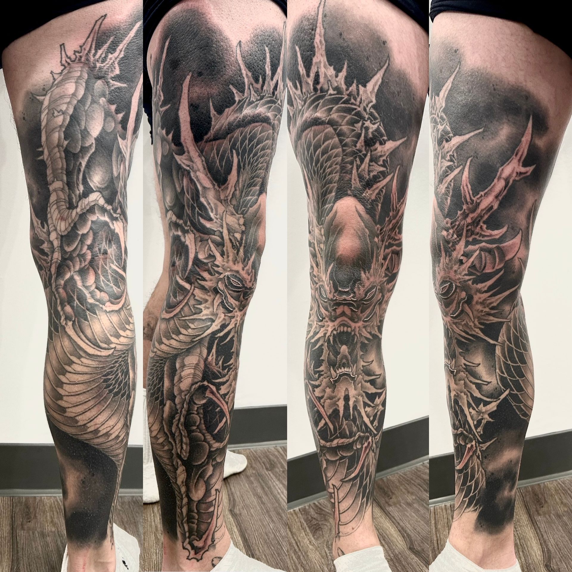Dragon Leg Sleeve by Brain Dangerfield at Black Gold Tattoo Co in Edmonton Alberta Canada