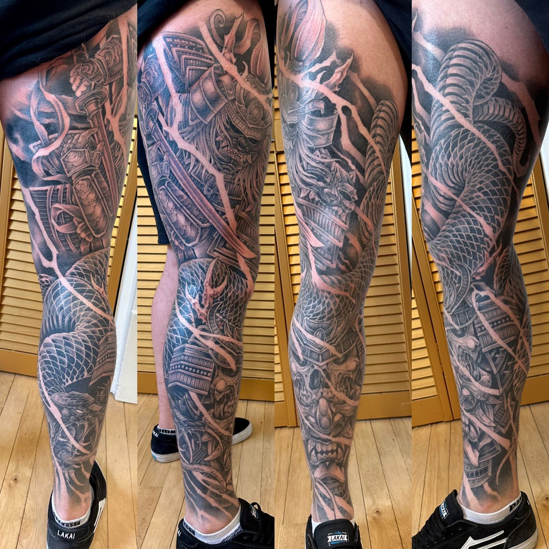 Samurai Leg Sleeve by Brain Dangerfield at Black Gold Tattoo Co in Edmonton Alberta Canada