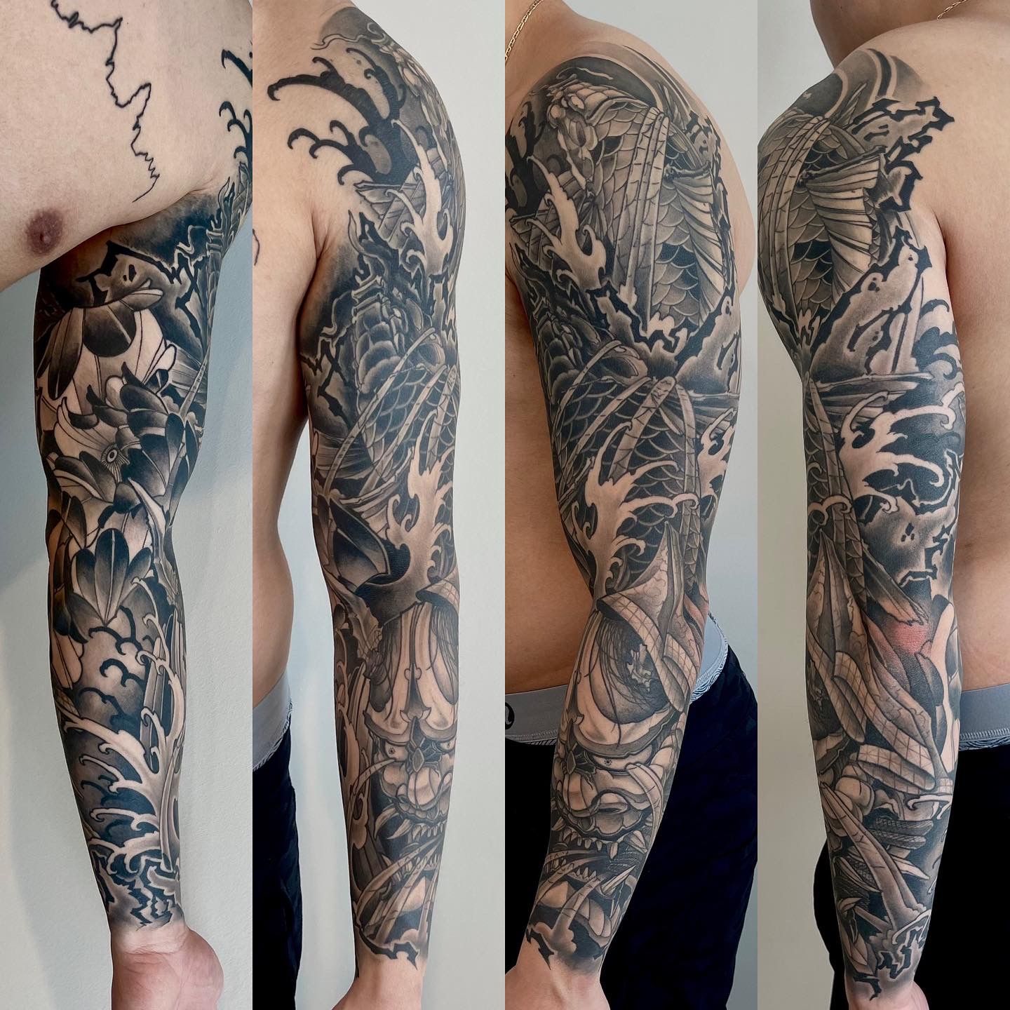 Dragon and Hannya Sleeve by Brain Dangerfield at Black Gold Tattoo Co in Edmonton Alberta Canada