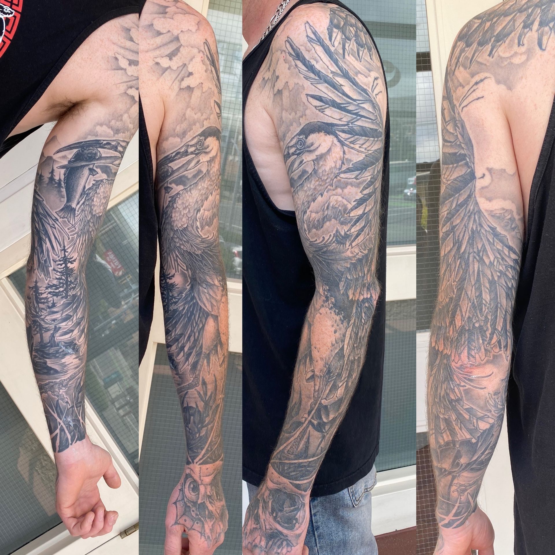 Blue Heron Sleeve by Brain Dangerfield at Black Gold Tattoo Co in Edmonton Alberta Canada