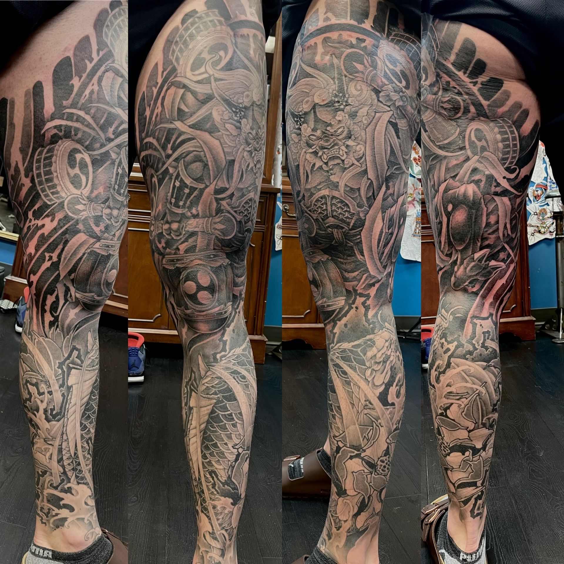 Raijin Leg Sleeve by Brain Dangerfield at Black Gold Tattoo Co in Edmonton Alberta Canada