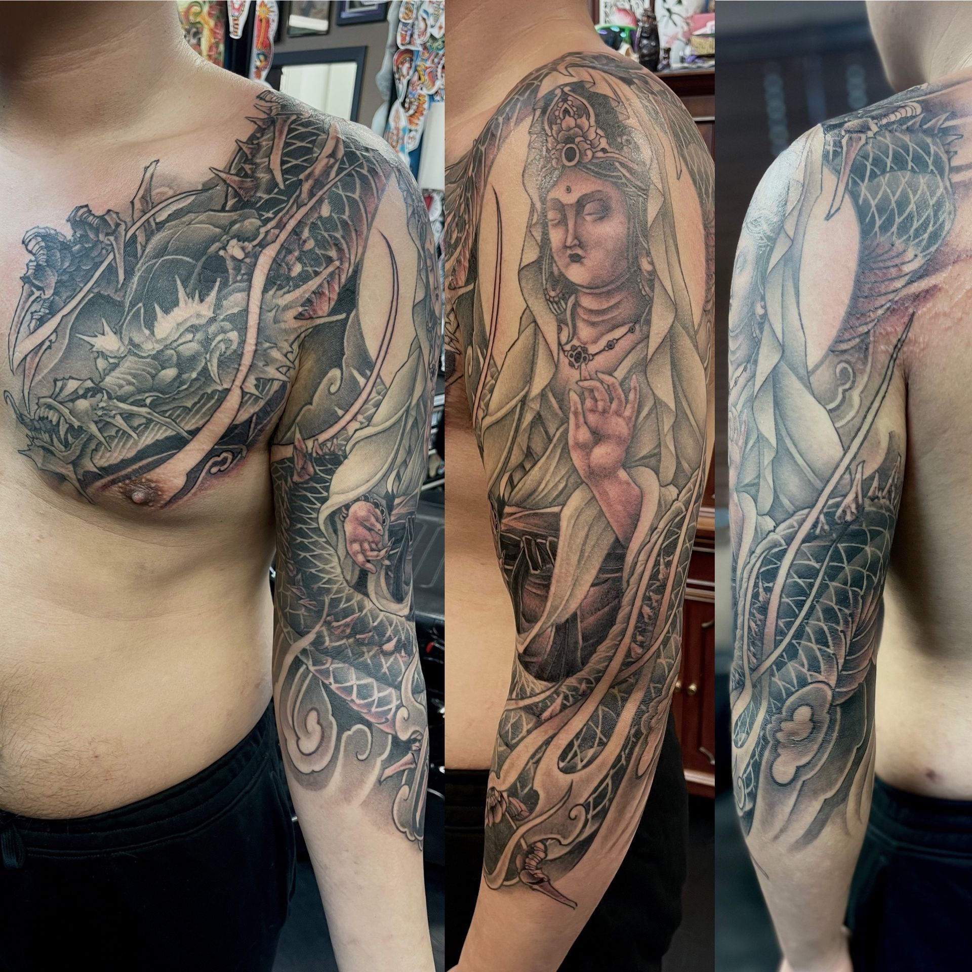 Quan Yin and Dragon Tattoo by Brain Dangerfield at Black Gold Tattoo Co in Edmonton Alberta Canada