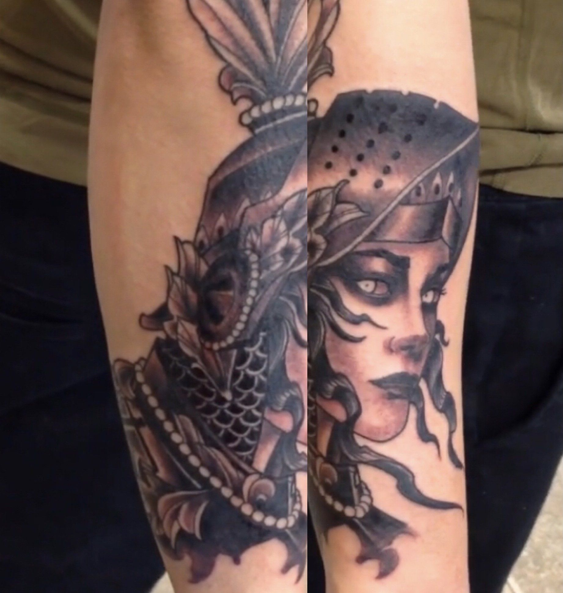 Warrior Woman Tattoo by Trevor Pelletier at Black Gold Tattoo Co in Edmonton Alberta Canada