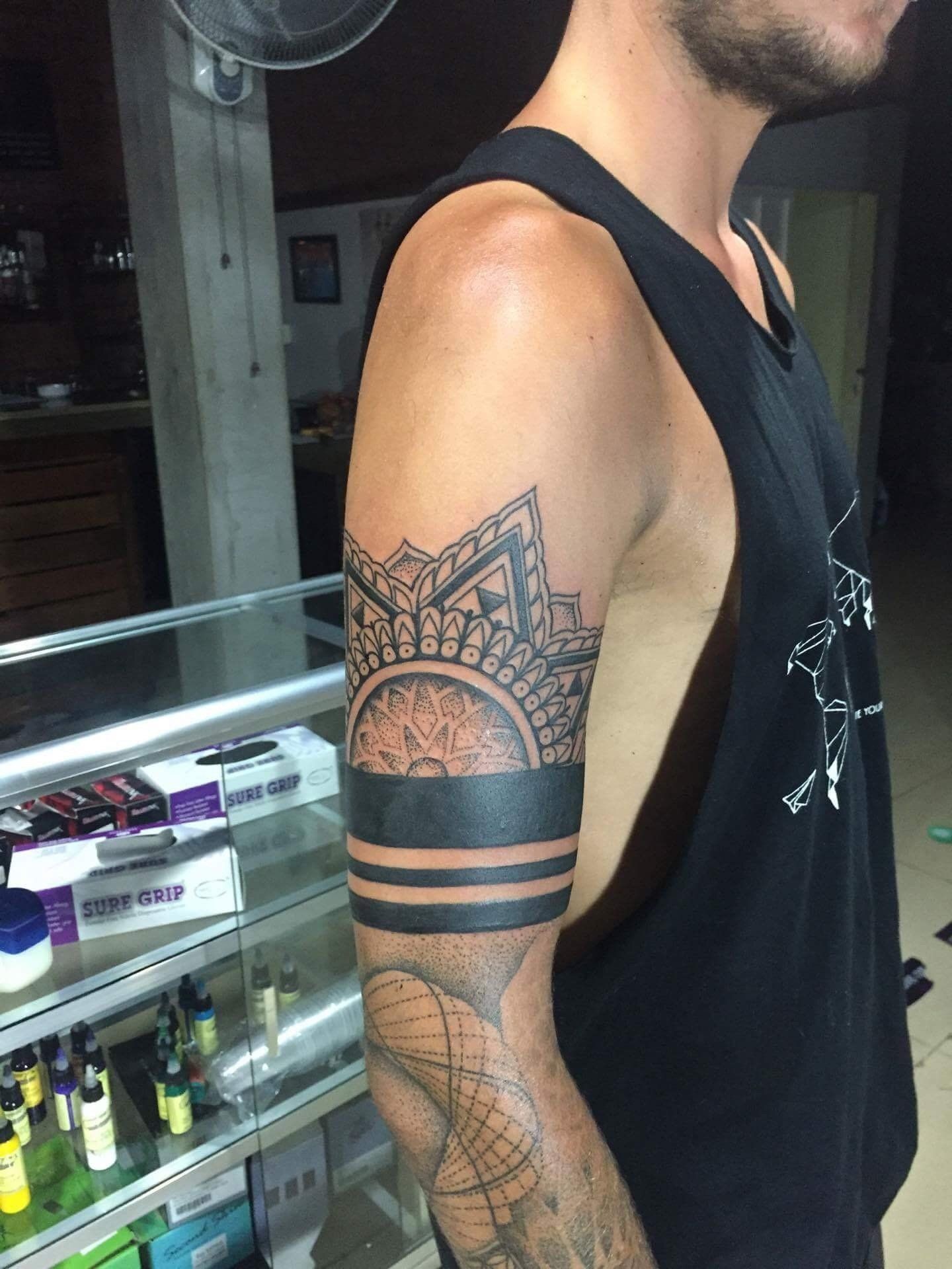 Mandala and Arm Band Tattoo by Amber Strange at Black Gold Tattoo Co in Edmonton Alberta Canada