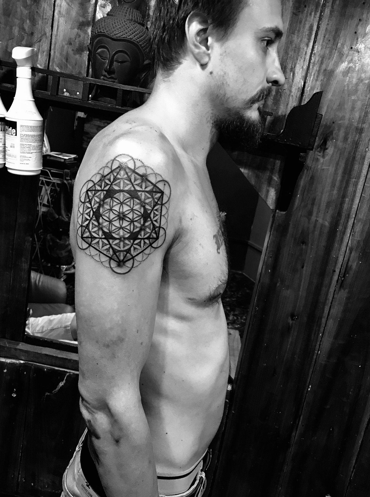 Metatron Cube and Flower of Life Tattoo by Amber Strange at Black Gold Tattoo Co in Edmonton Alberta Canada