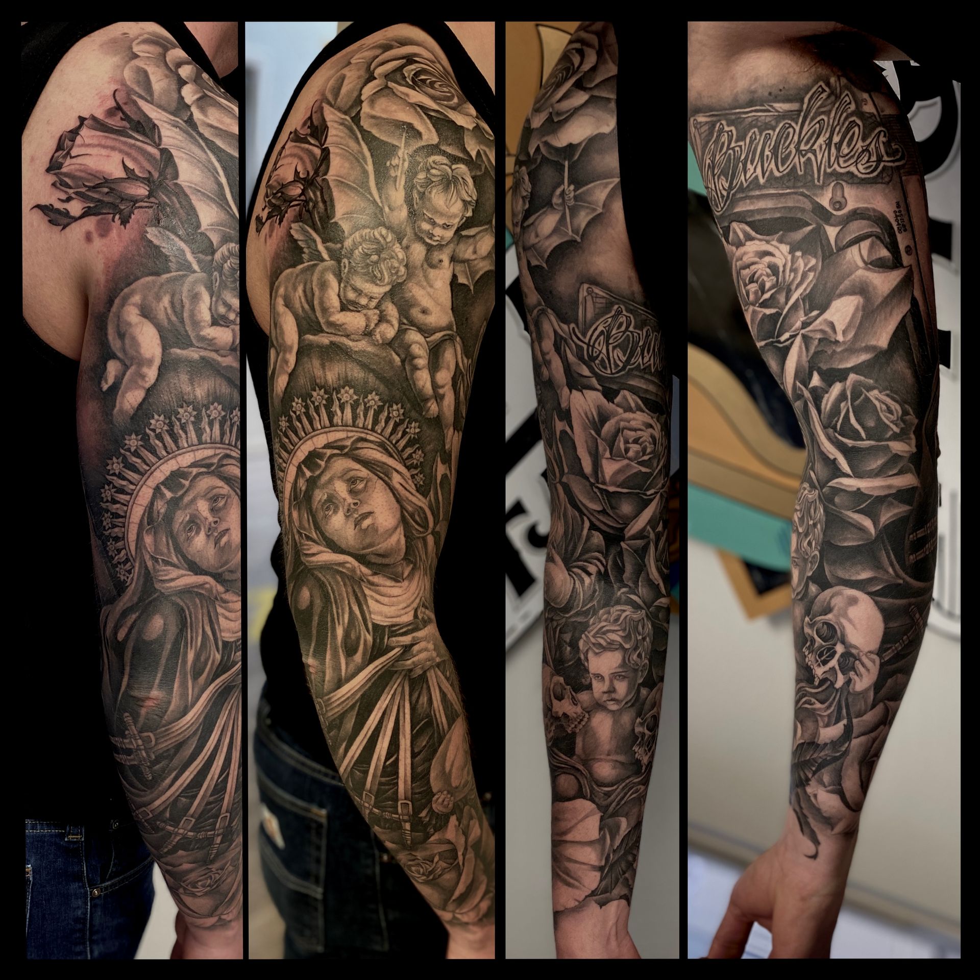 Religious Sleeve by Brain Dangerfield at Black Gold Tattoo Co in Edmonton Alberta Canada