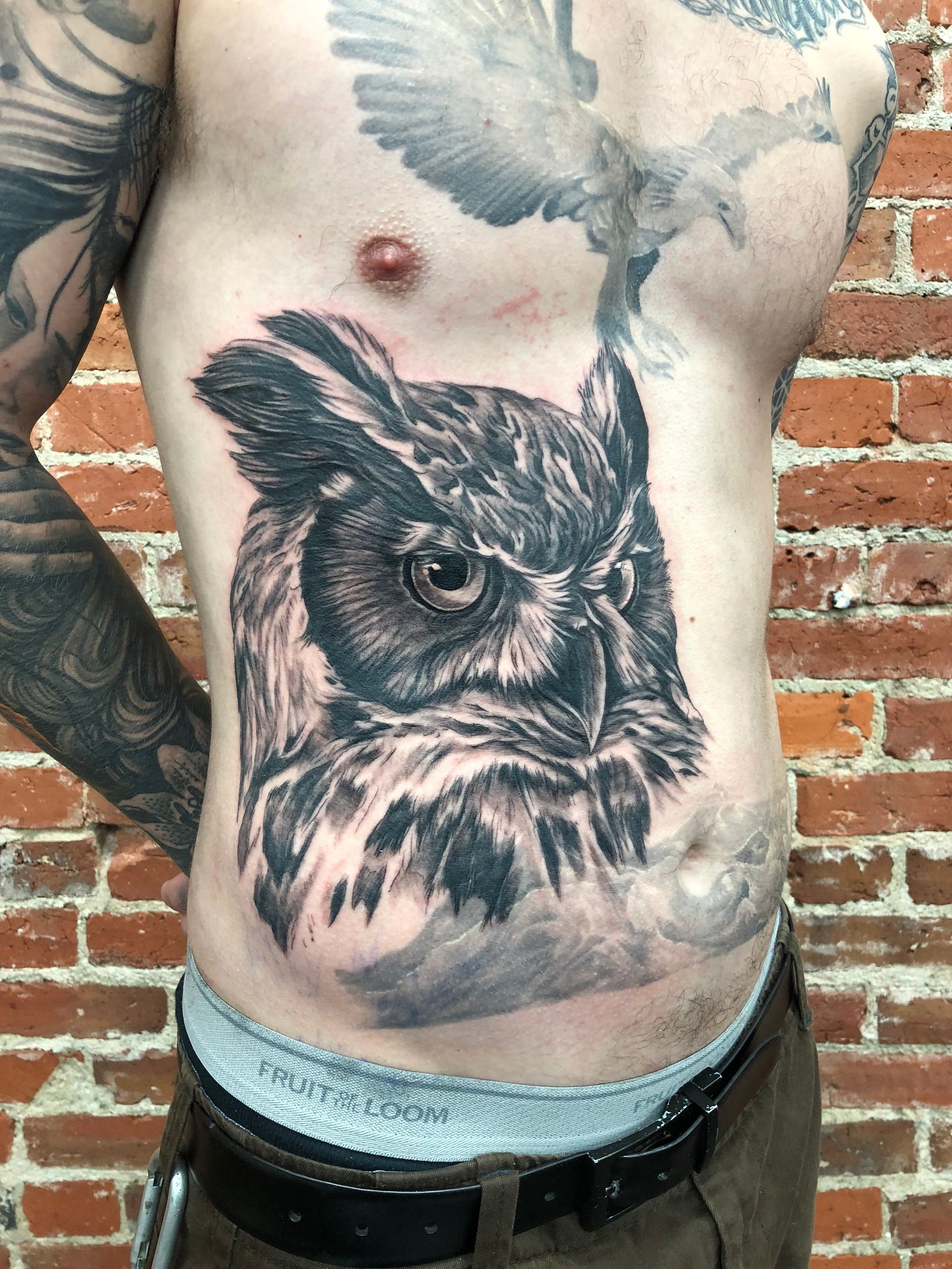 Owl Tattoo by Brain Dangerfield at Black Gold Tattoo Co in Edmonton Alberta Canada